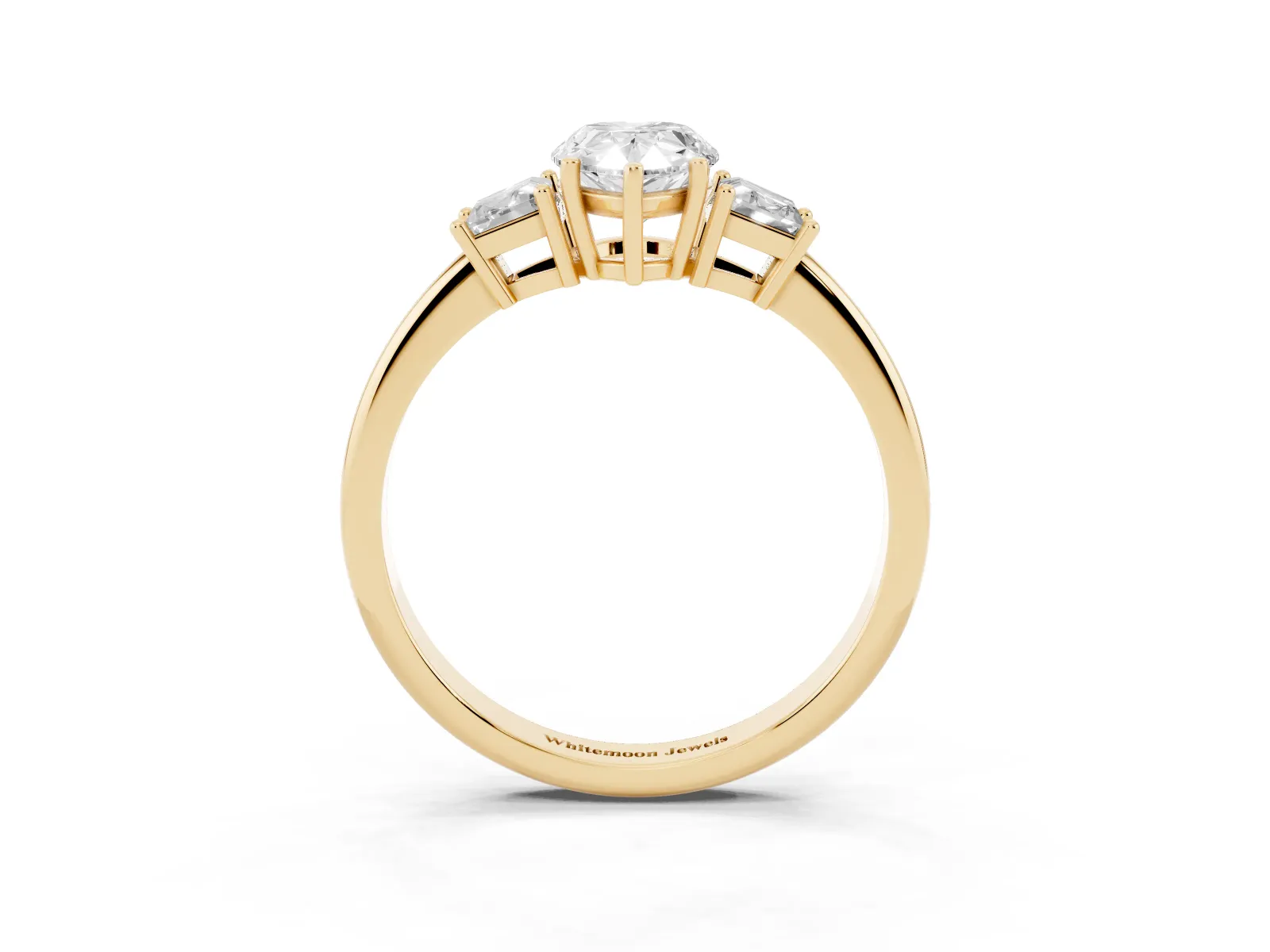 Pear Cut Diamond Three-Stone Ring with Trapezoid Side Stones and Prong Setting Yellow gold