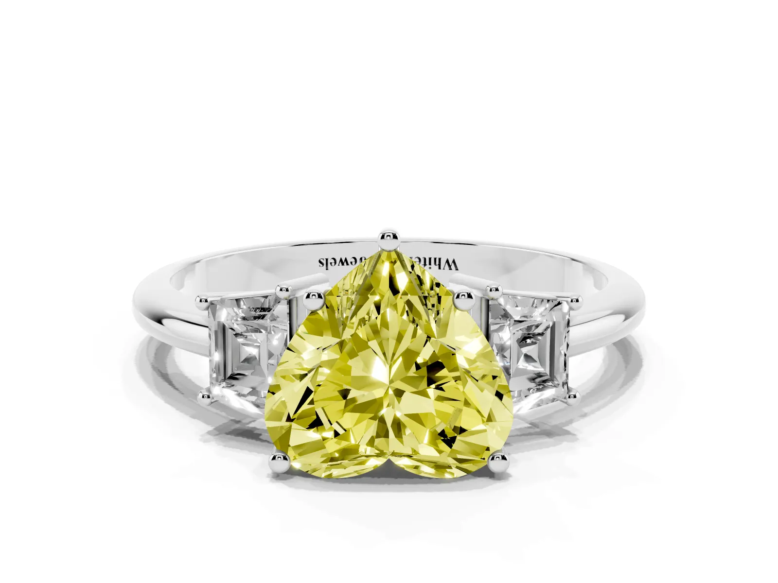 Fancy Yellow Heart Cut Diamond Three-Stone Ring with Trapezoid Side Stones and Prong Setting White gold