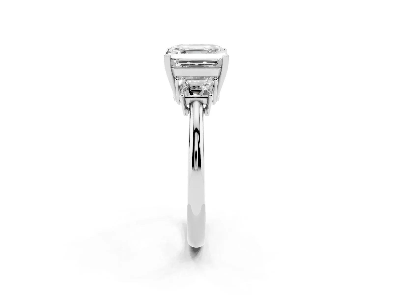 Asscher Cut Diamond Three-Stone Ring with Trapezoid Side Stones and Prong Setting White gold