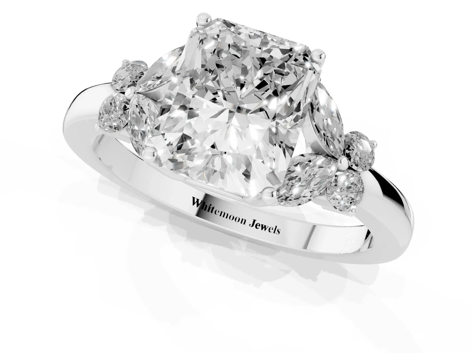 Radiant Cut Cut Solitaire Floral Diamond Ring with Four-Prong Setting Platinum