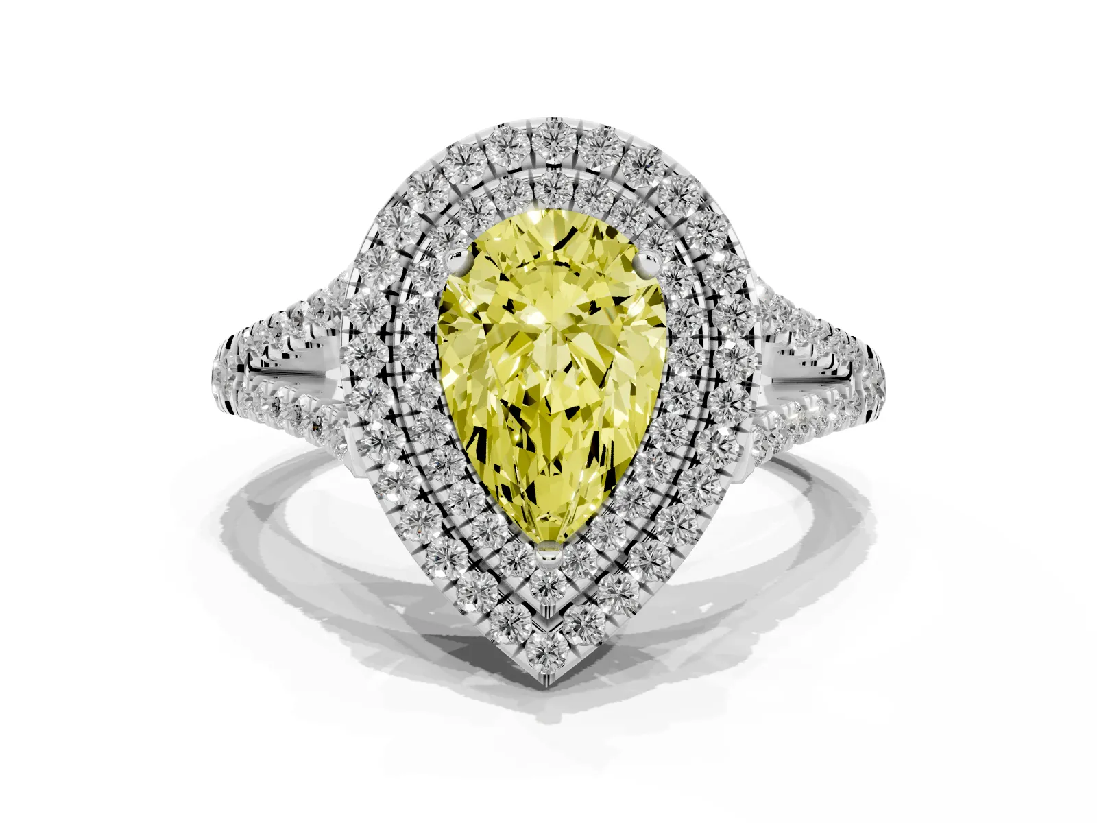 Fancy Yellow Pear Cut Diamond Double Halo Ring with Pavé Band and Prong Setting Platinum