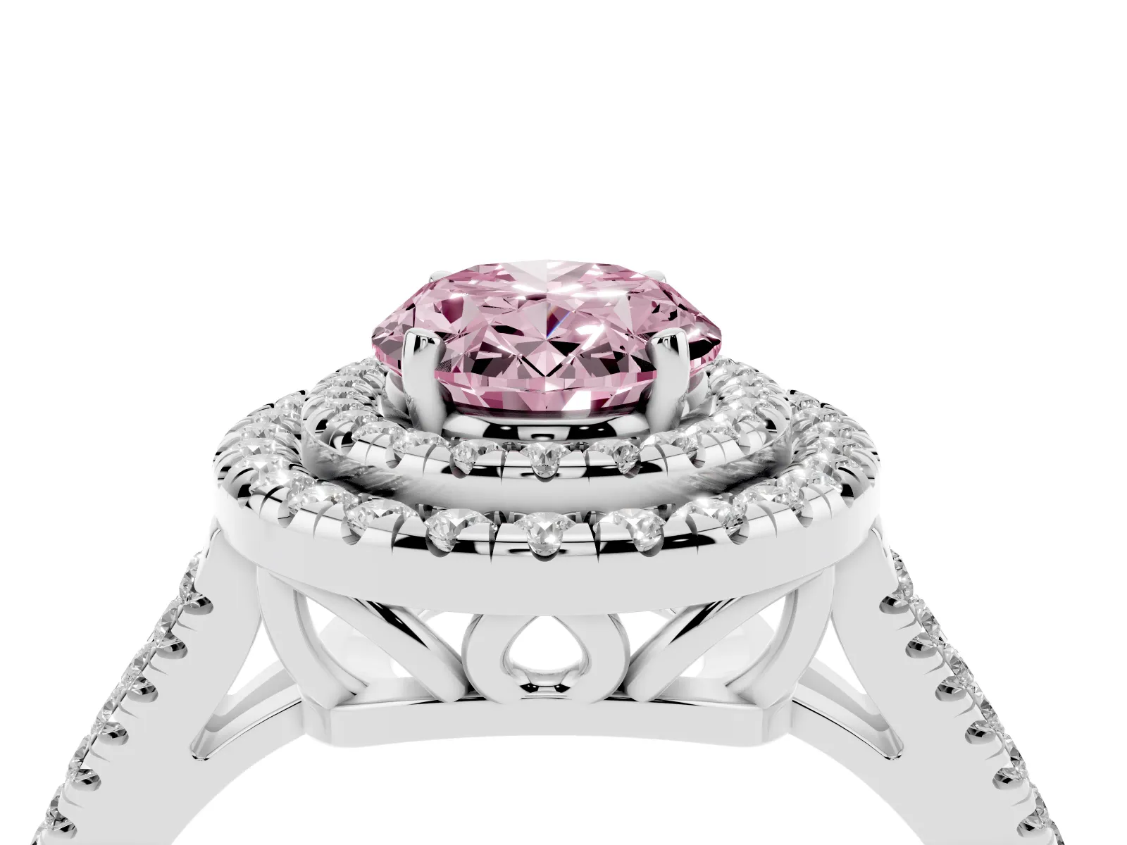 Fancy Pink Oval Cut Diamond Double Halo Ring with Pavé Band and Prong Setting Platinum