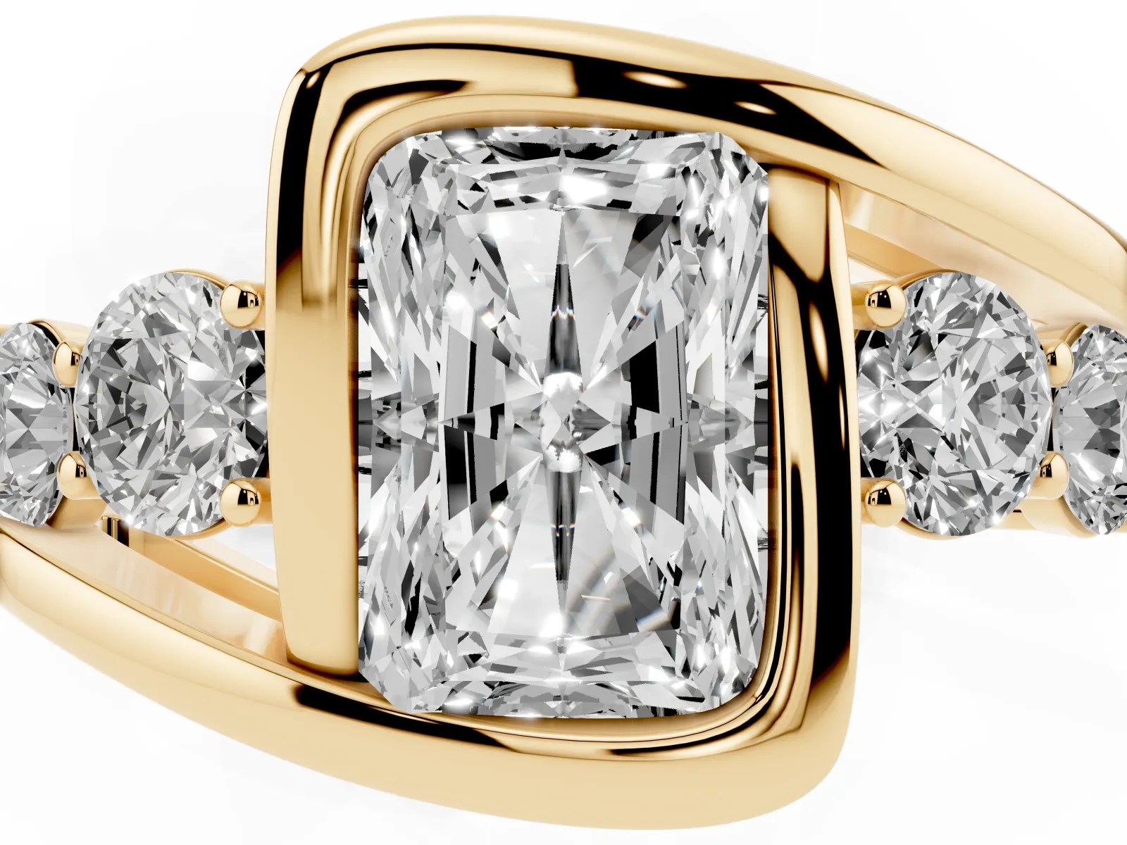 Bezel Set Radiant Cut Diamond Bypass Ring with Round Accents Yellow gold