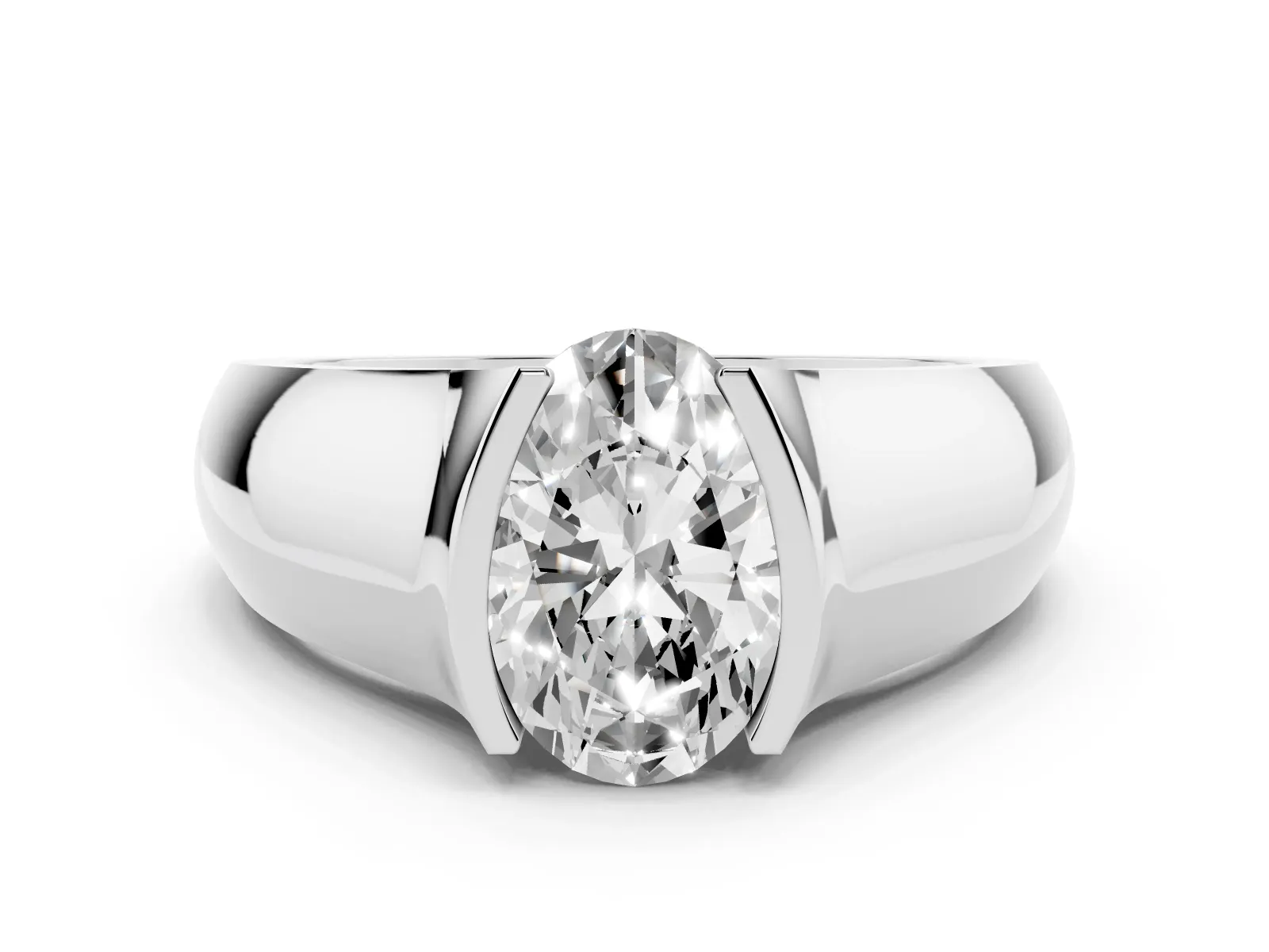 Oval Cut Solitaire Bezel Set Diamond Ring with Wide Band Platinum