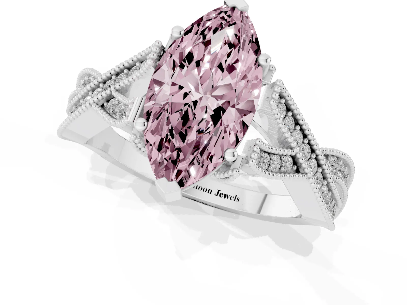 Fancy Pink Marquise Cut Cut Diamond Twisted Band with Milgrain Pave Setting and Four-Prong Setting Platinum
