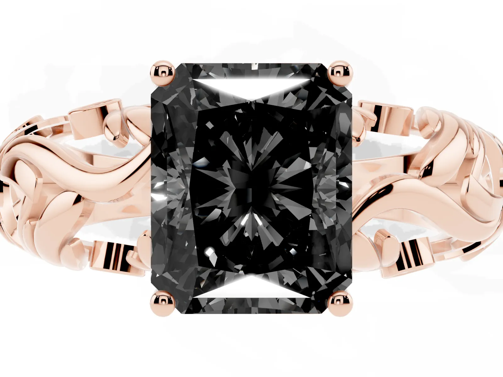 Fancy Black Radiant Cut Solitaire Diamond Leaf-Inspired Vine Band Ring with Prong Setting Rose gold