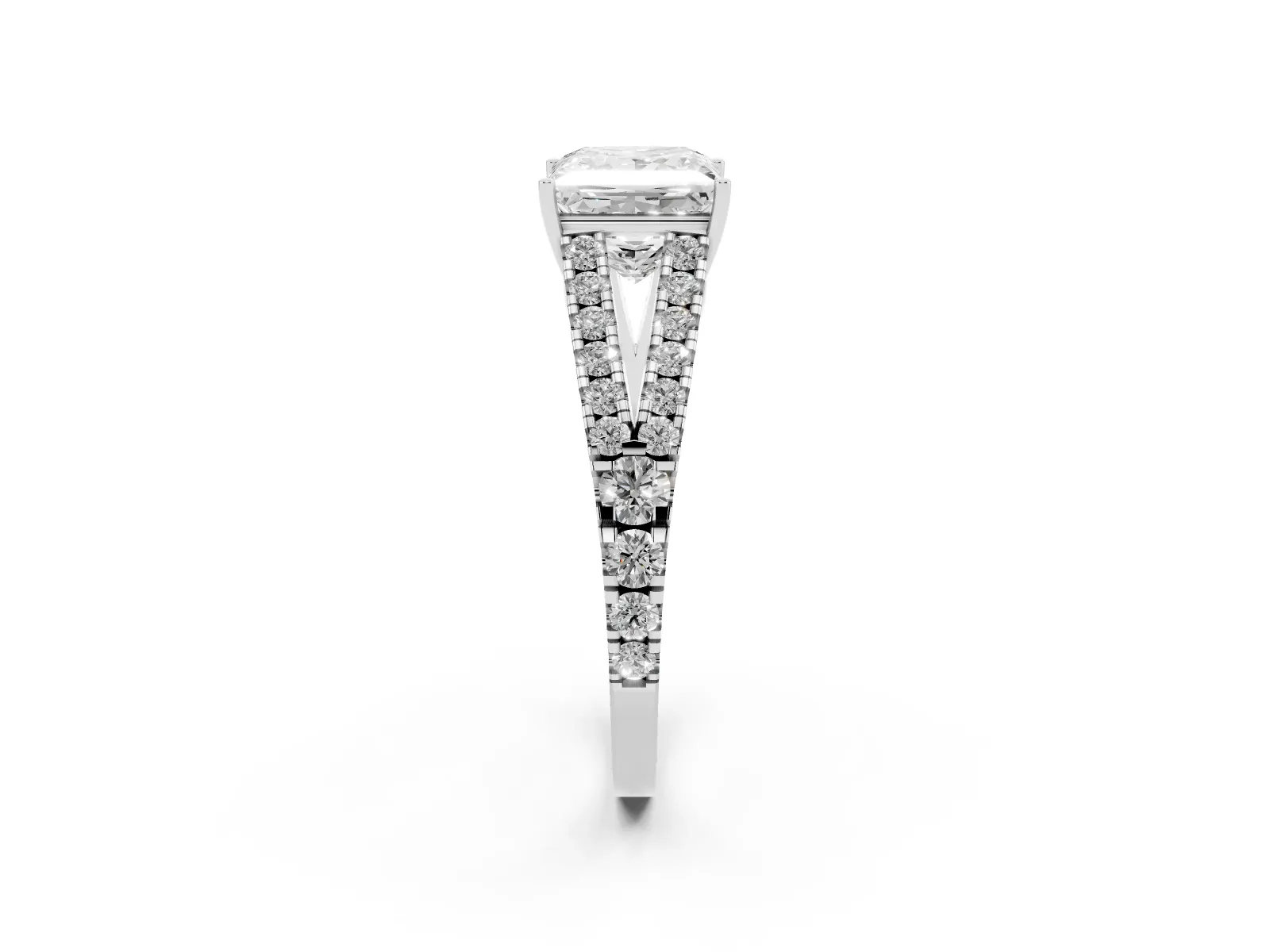 Princess Cut Diamond Split Shank Engagement Ring with Round Pavé and Prong Setting White gold