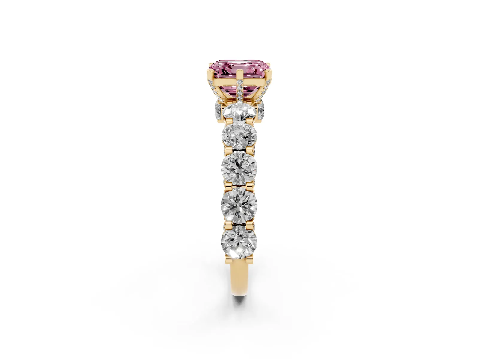 Fancy Pink Asscher Cut Diamond Side Stone Engagement Ring with Four-Prong Setting Yellow gold