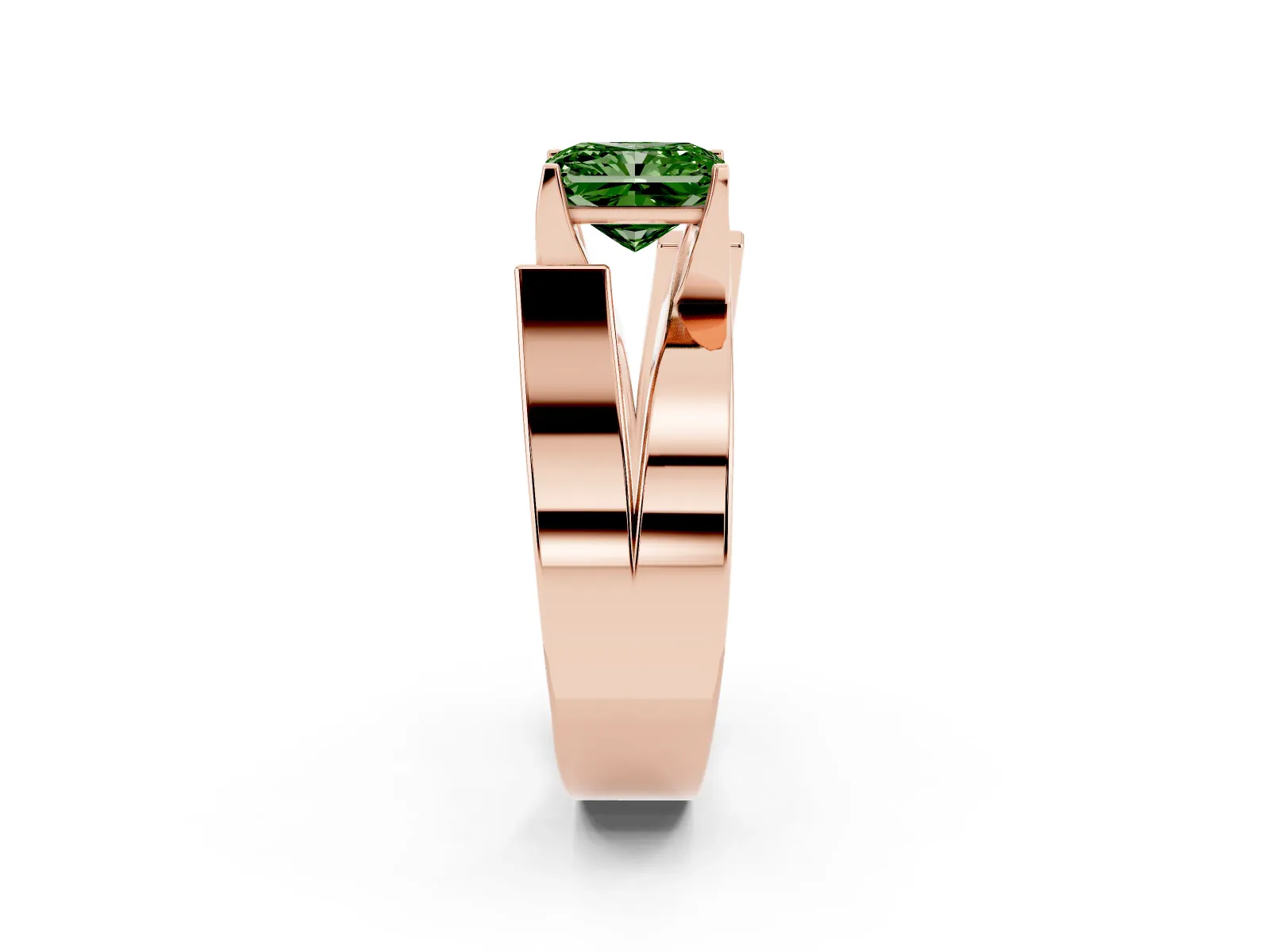Fancy Green Modern Tension Set Radiant Cut Diamond Solitaire Wide Band Ring Rose gold