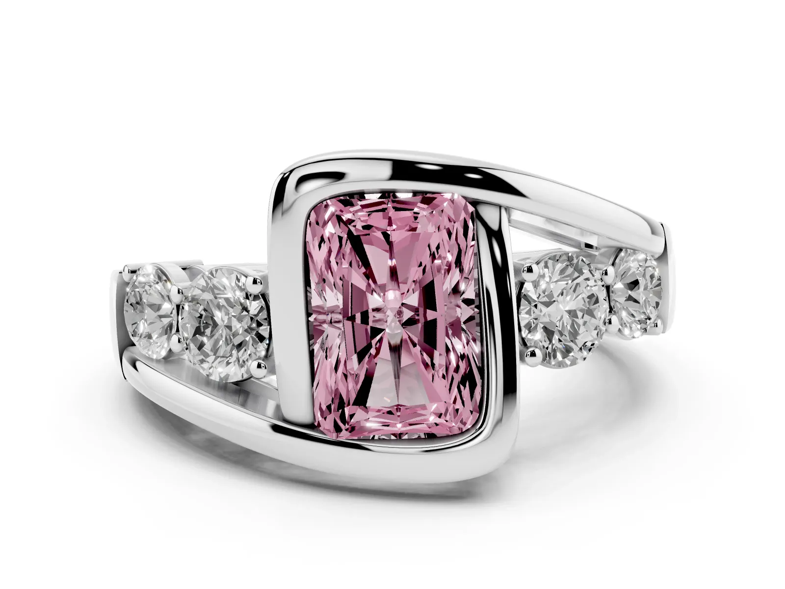Fancy Pink Bezel Set Radiant Cut Diamond Bypass Ring with Round Accents White gold