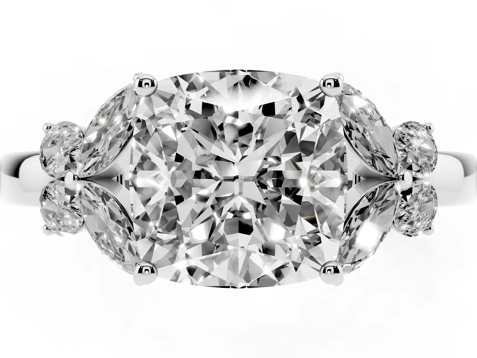 Cushion Cut Cut Solitaire Floral Diamond Ring with Four-Prong Setting Platinum