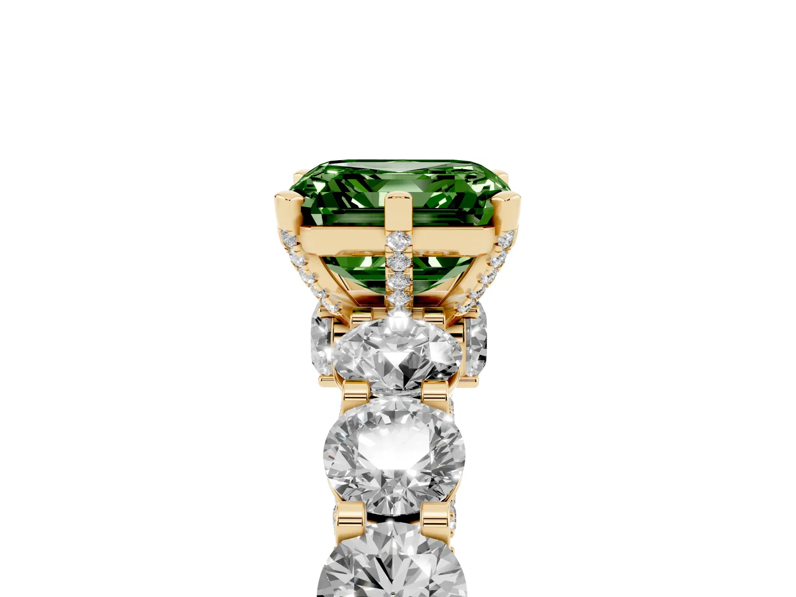 Fancy Green Asscher Cut Diamond Side Stone Engagement Ring with Four-Prong Setting Yellow gold