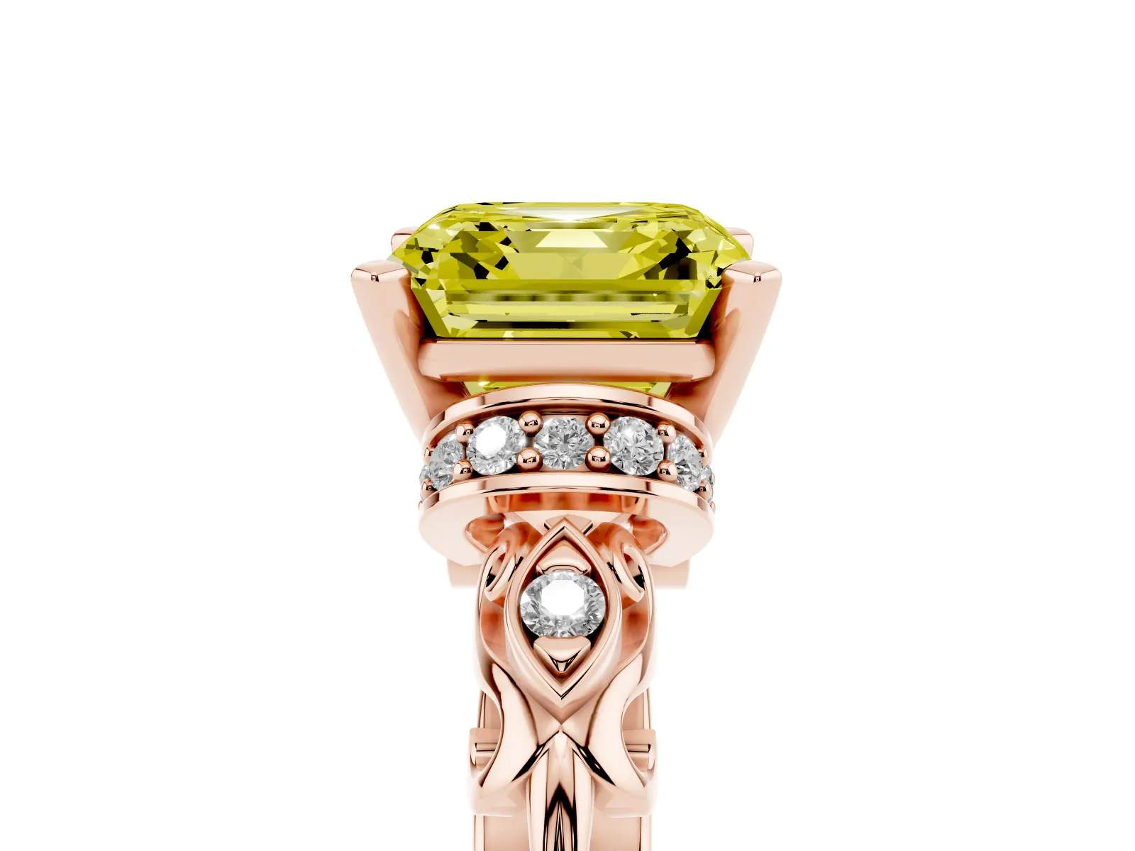 Fancy Yellow Asscher Cut Diamond Solitaire Ring with Filigree Band and Four-Prong Setting Rose gold