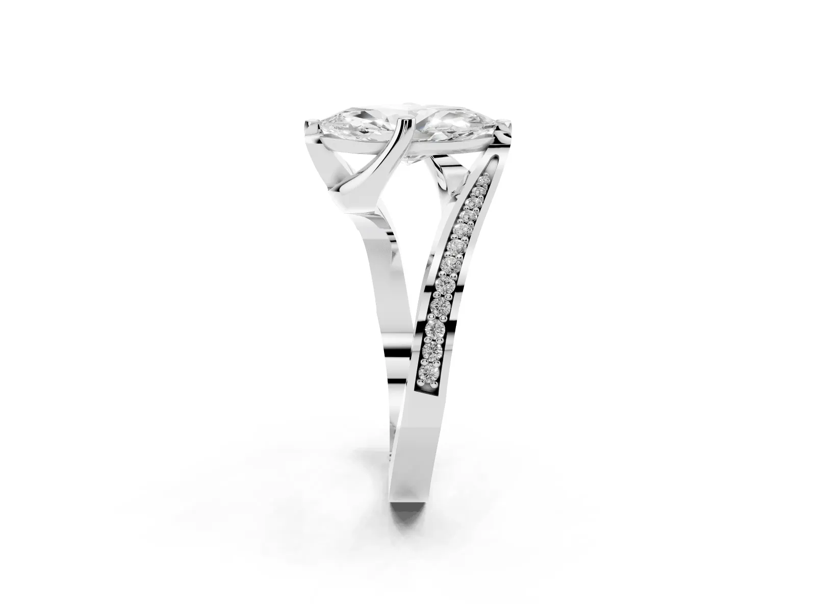 Marquise Cut Solitaire Diamond Twist Band with Pavé Setting and Four-Prong Setting Platinum