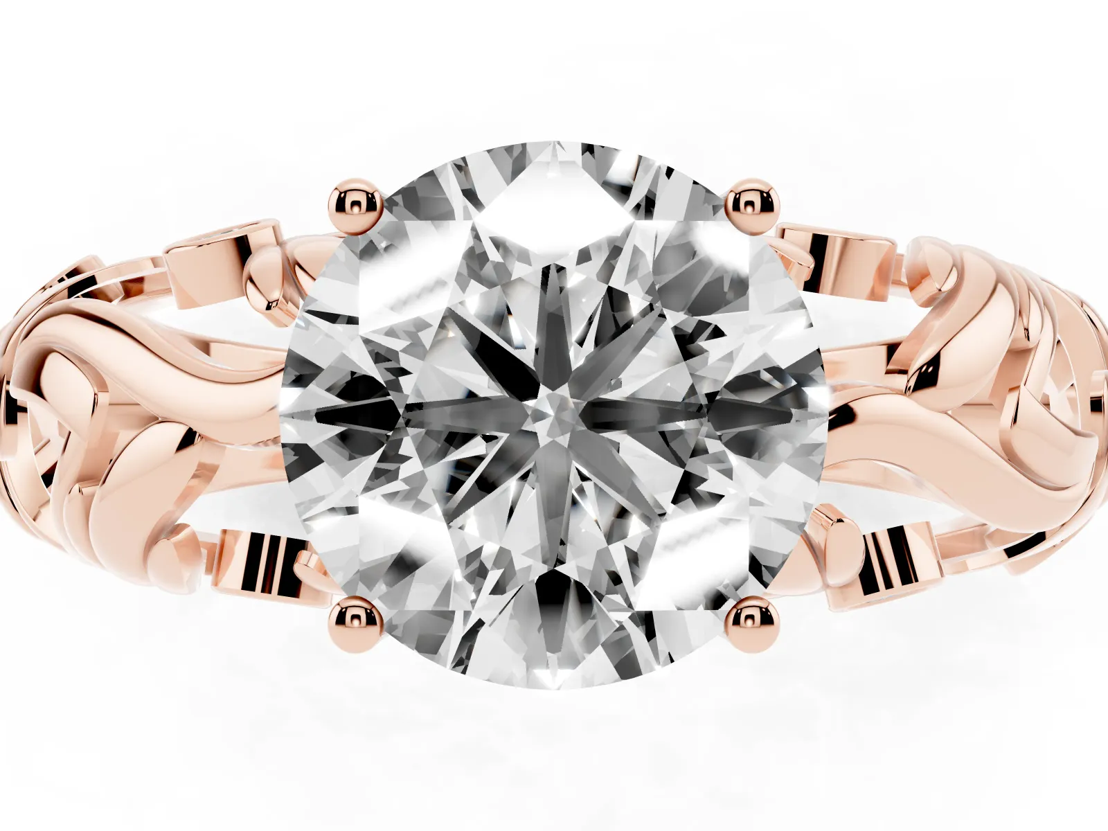 Round Cut Solitaire Diamond Leaf-Inspired Vine Band Ring with Prong Setting Rose gold