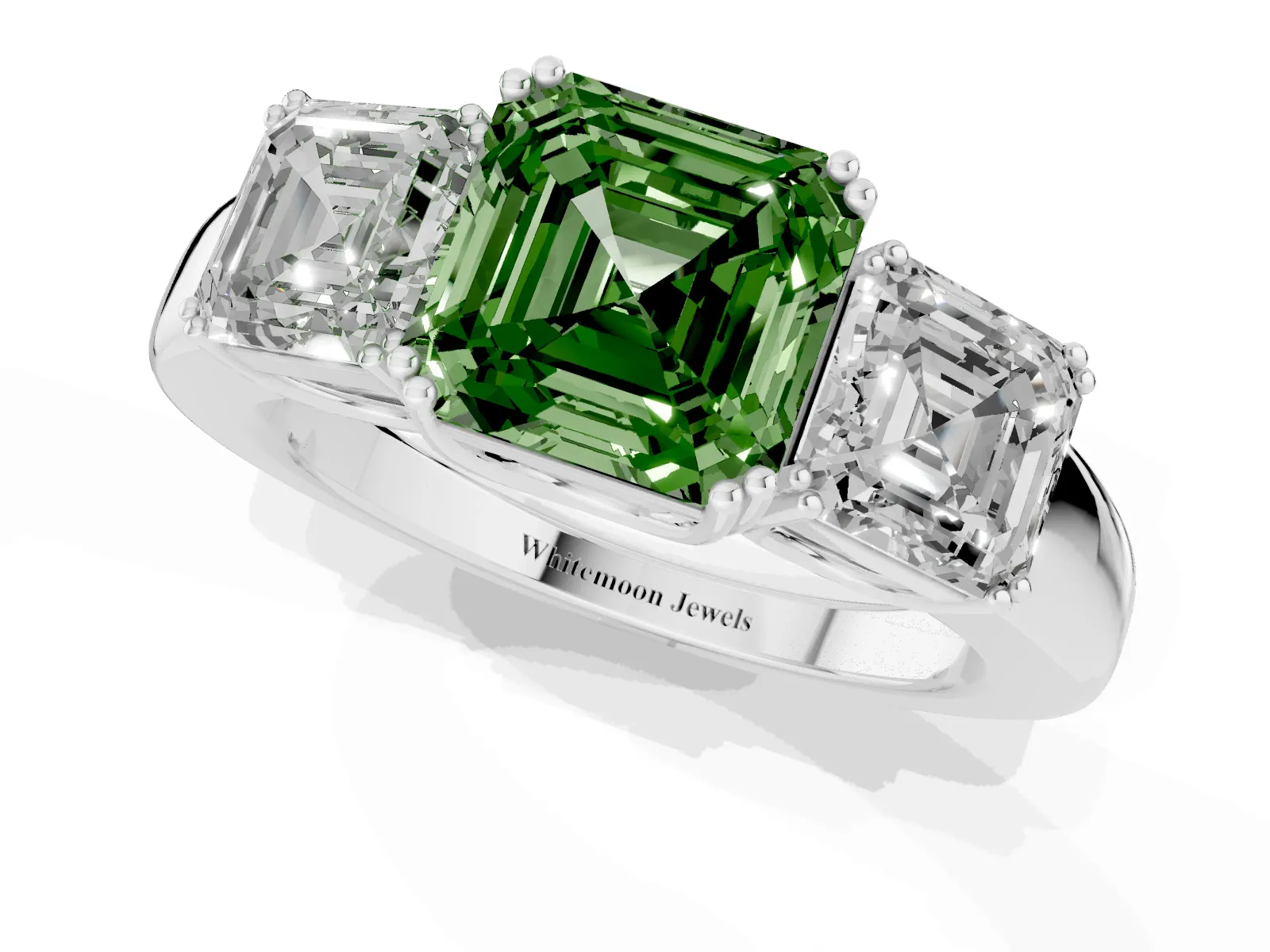 Fancy Green Three-Stone Asscher Cut Cut Diamond Ring with Channel Set Band and Four-Prong Setting White gold