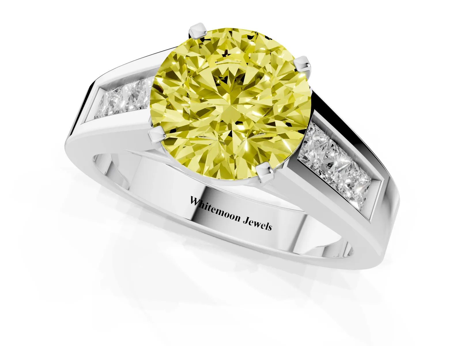 Fancy Yellow Round Cut Cut Channel Set Solitaire Ring with Four-Prong Setting Platinum