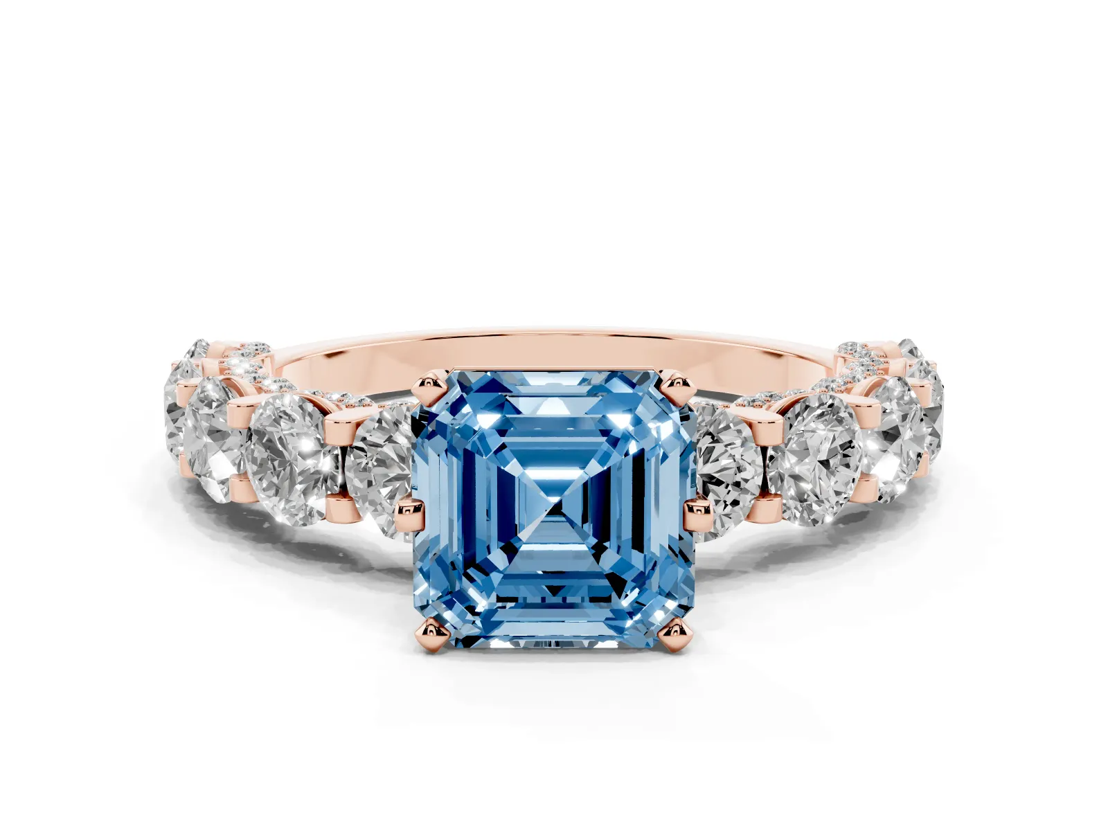Fancy Blue Asscher Cut Diamond Side Stone Engagement Ring with Four-Prong Setting Rose gold