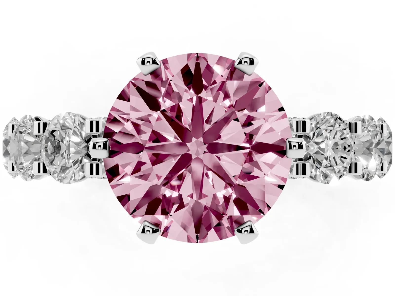 Fancy Pink Round Cut Diamond Side Stone Engagement Ring with Four-Prong Setting Platinum