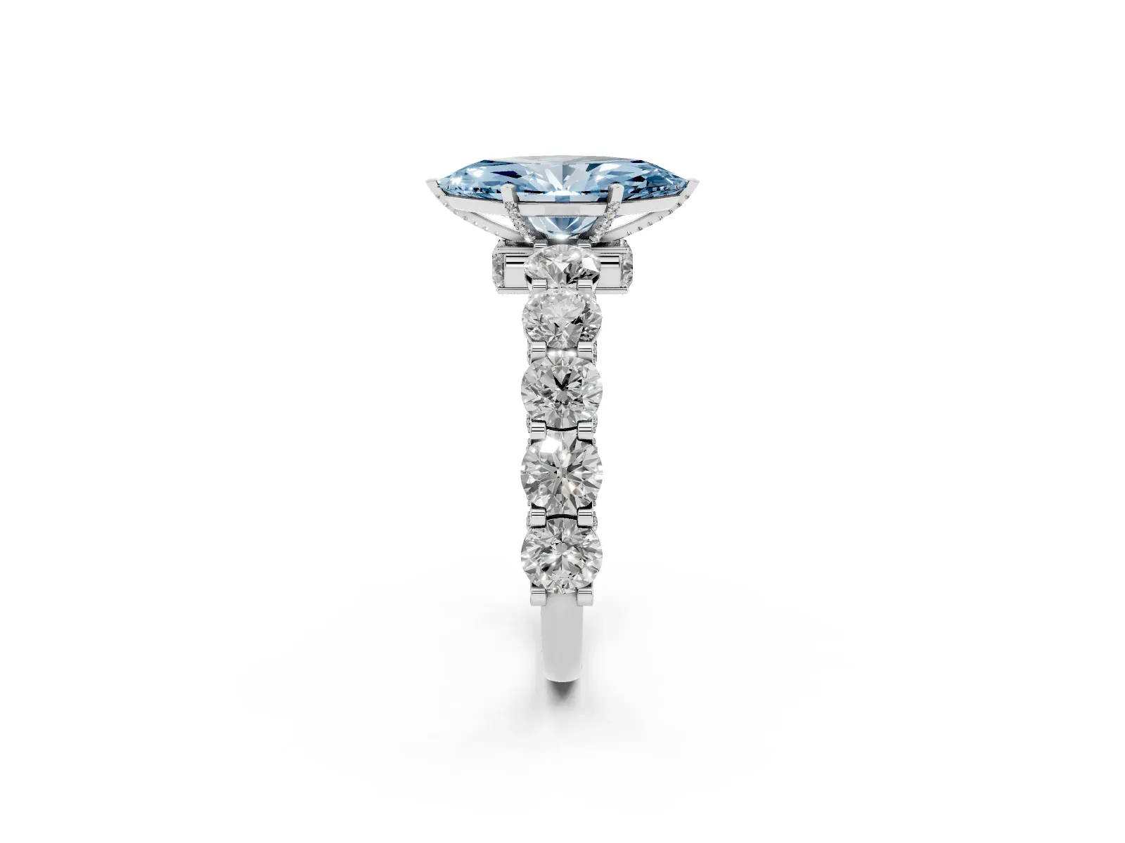 Fancy Blue Marquise Cut Diamond Side Stone Engagement Ring with Four-Prong Setting Platinum