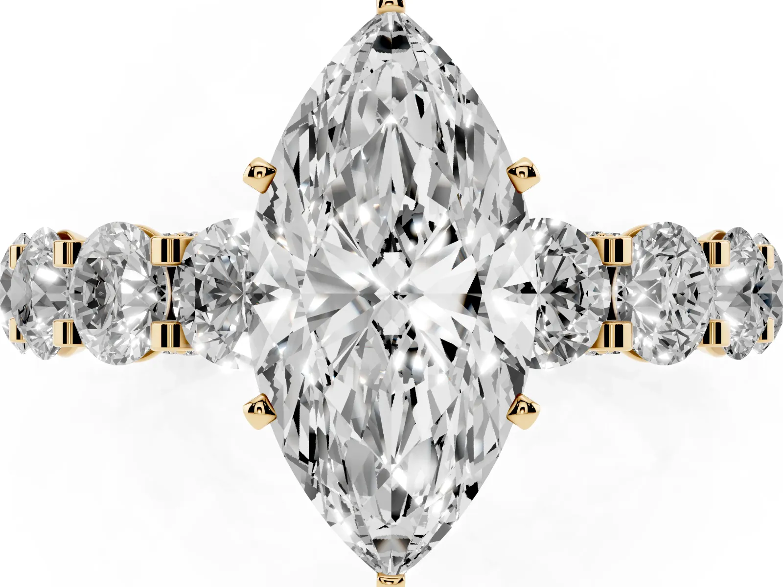 Marquise Cut Diamond Side Stone Engagement Ring with Four-Prong Setting Yellow gold