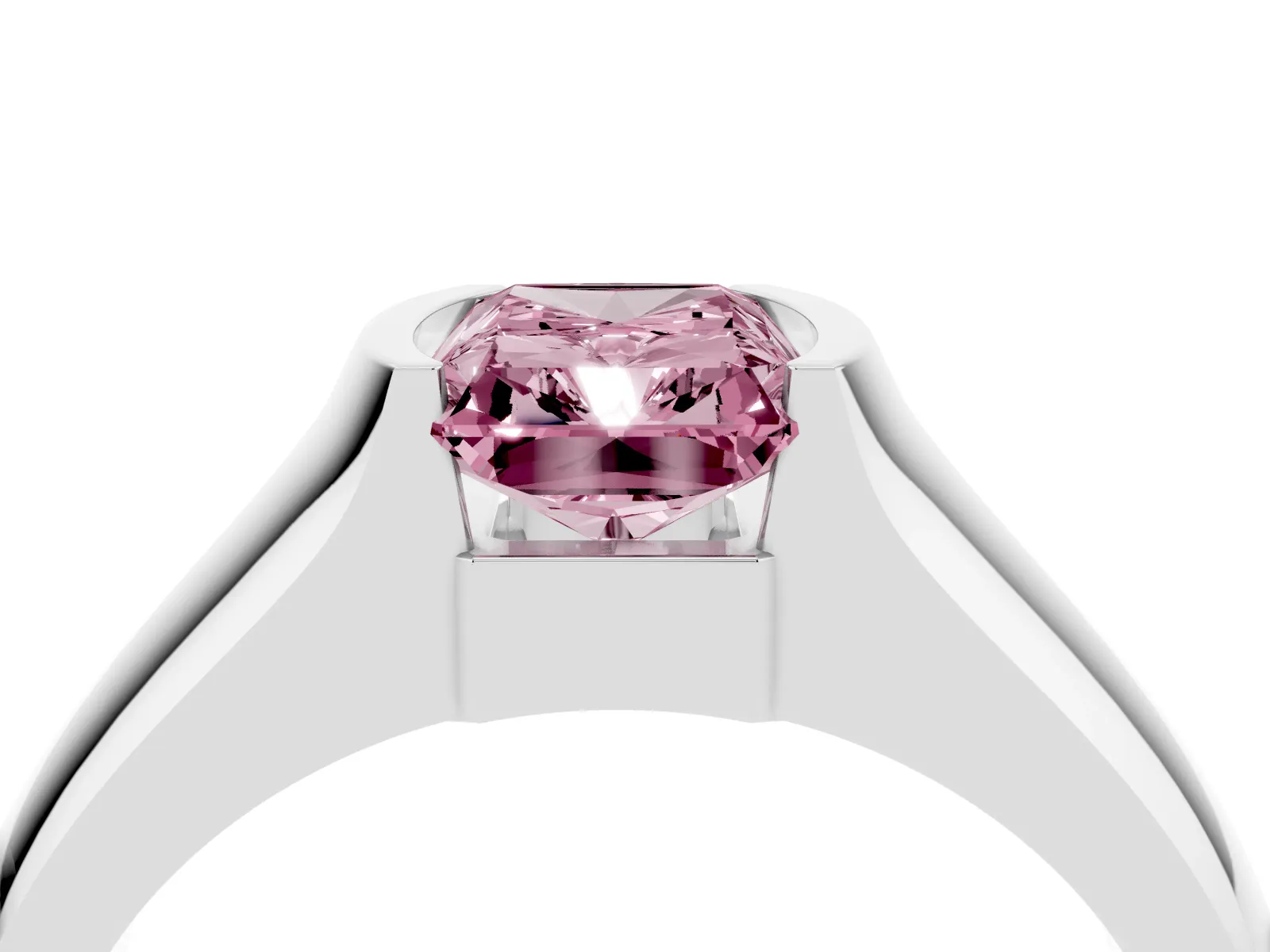 Fancy Pink Radiant Cut Solitaire Bezel Set Diamond Ring with Wide Band White gold