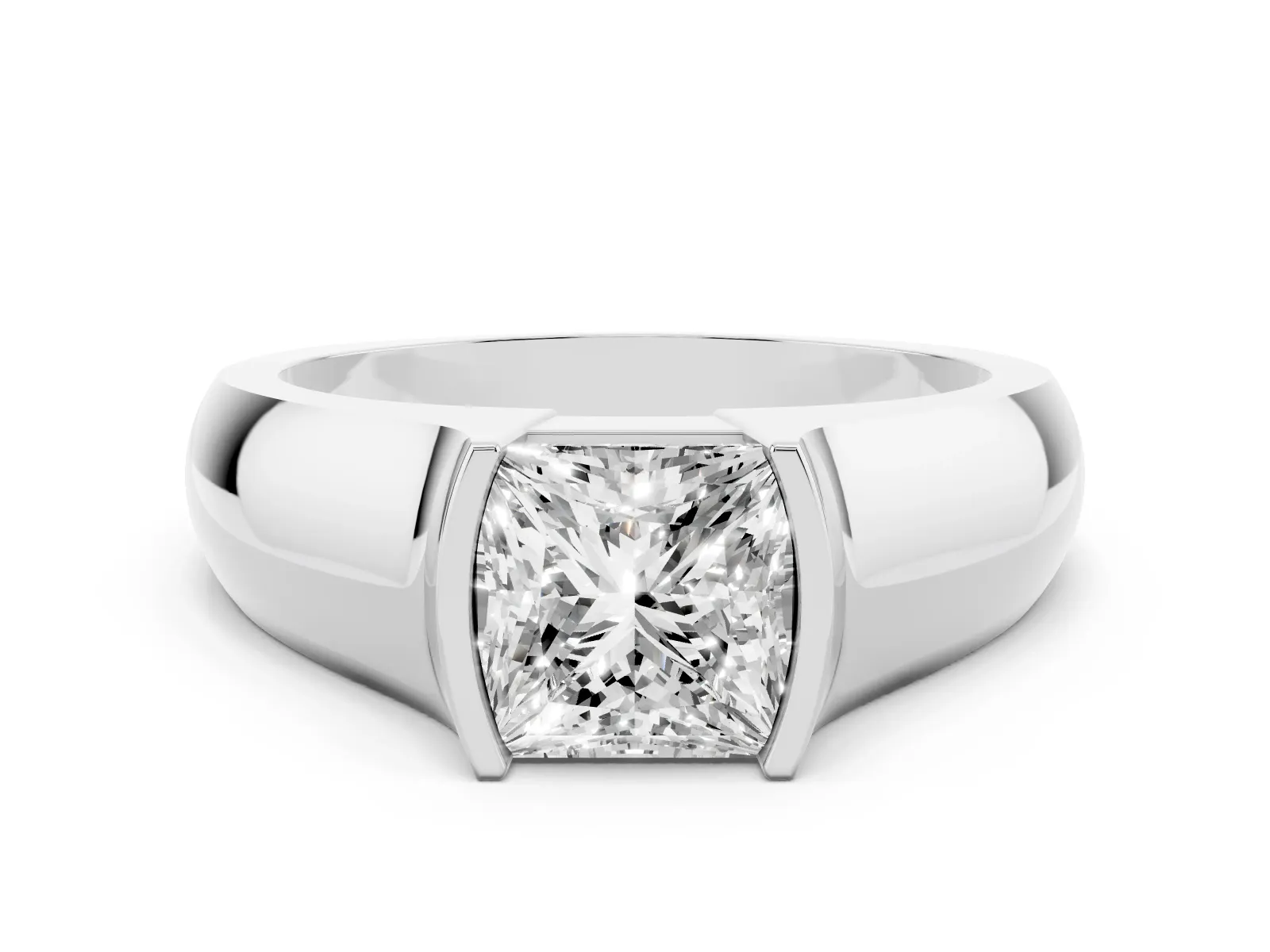 Princess Cut Solitaire Bezel Set Diamond Ring with Wide Band White gold