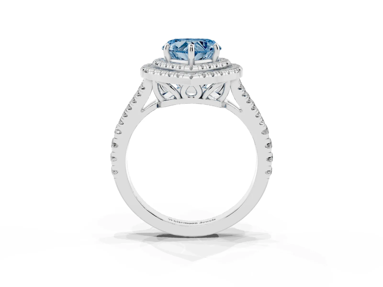 Fancy Blue Heart Cut Diamond Double Halo Ring with Pavé Band and Prong Setting Platinum