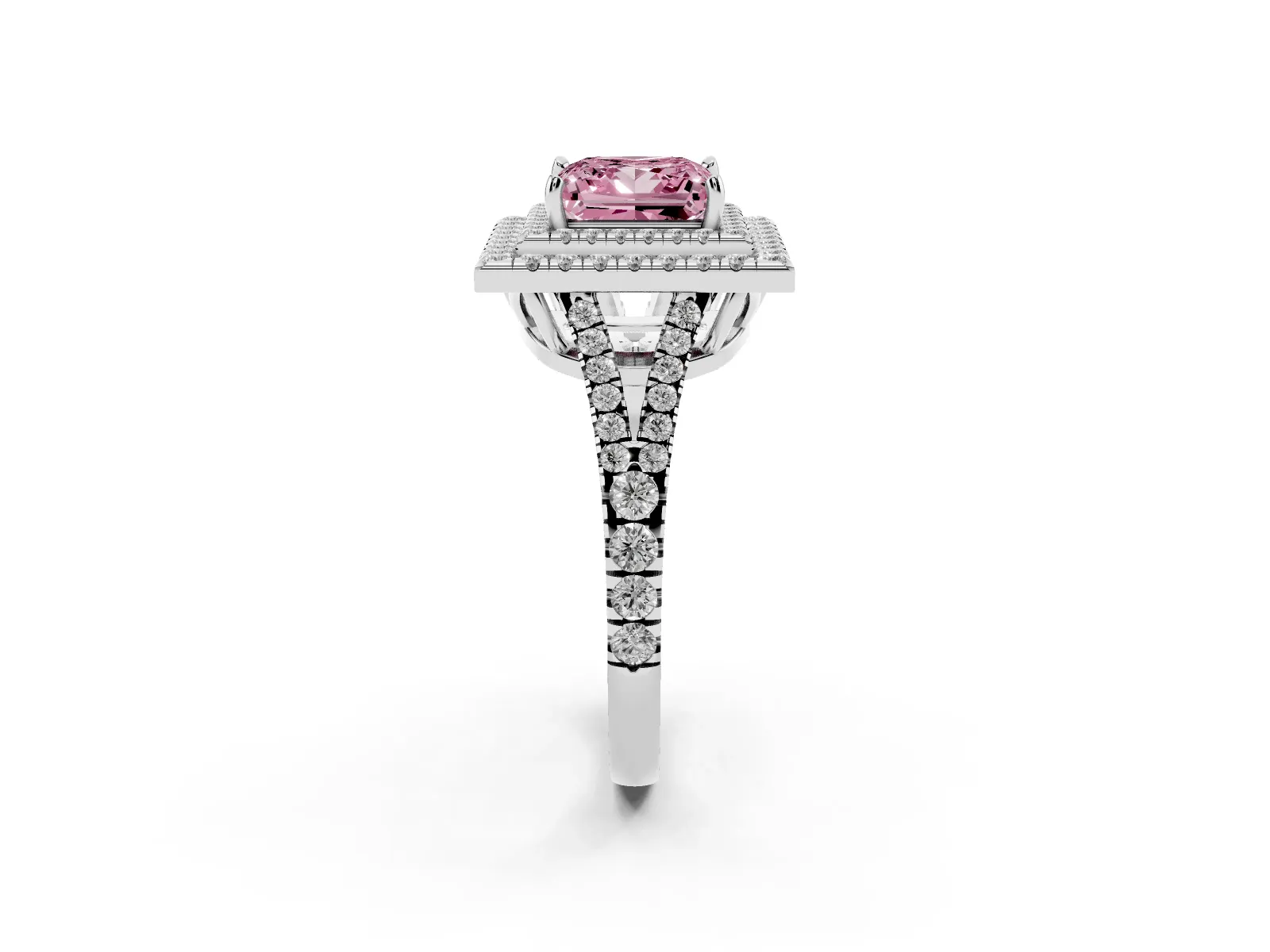 Fancy Pink Princess Cut Diamond Double Halo Ring with Pavé Band and Prong Setting Platinum