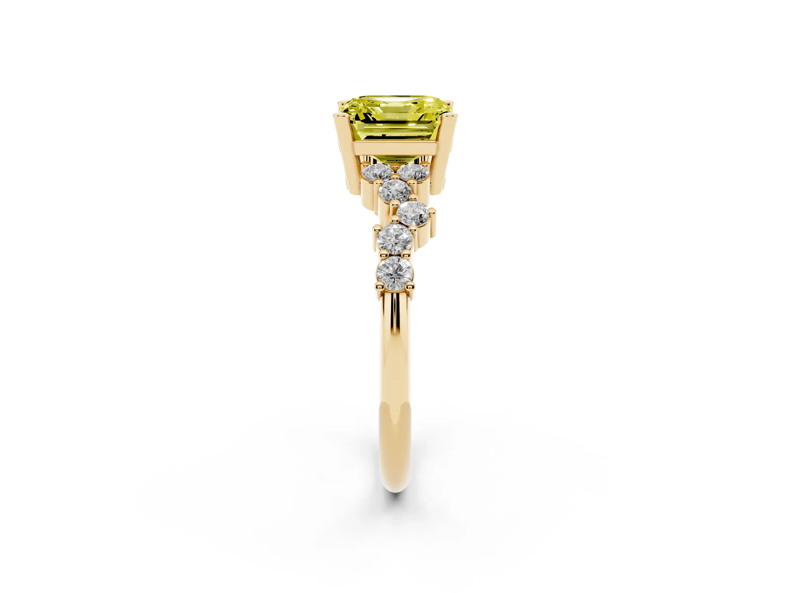 Fancy Yellow Asscher Cut Diamond Scattered Round Accent Ring with Prong Setting Yellow gold