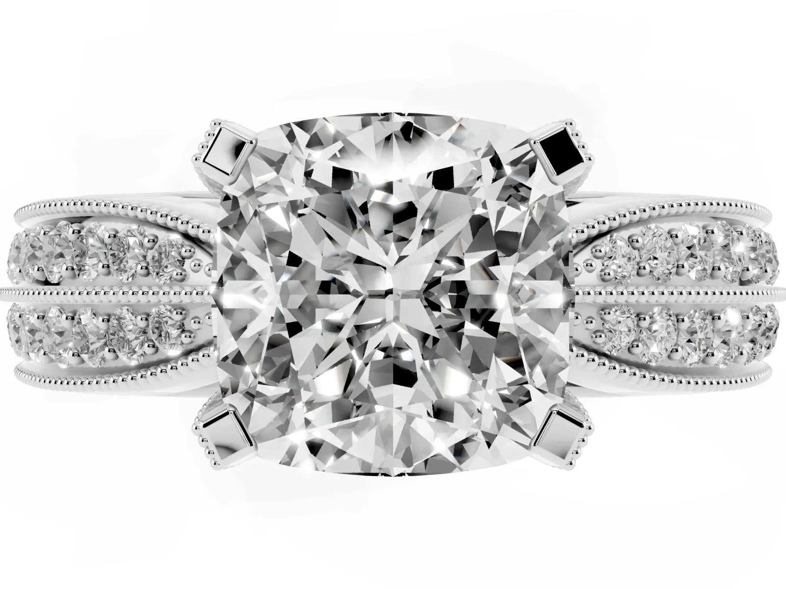 Cushion Cut Diamond Solitaire Ring with Milgrain Round Pavé Band and Prong Setting Platinum