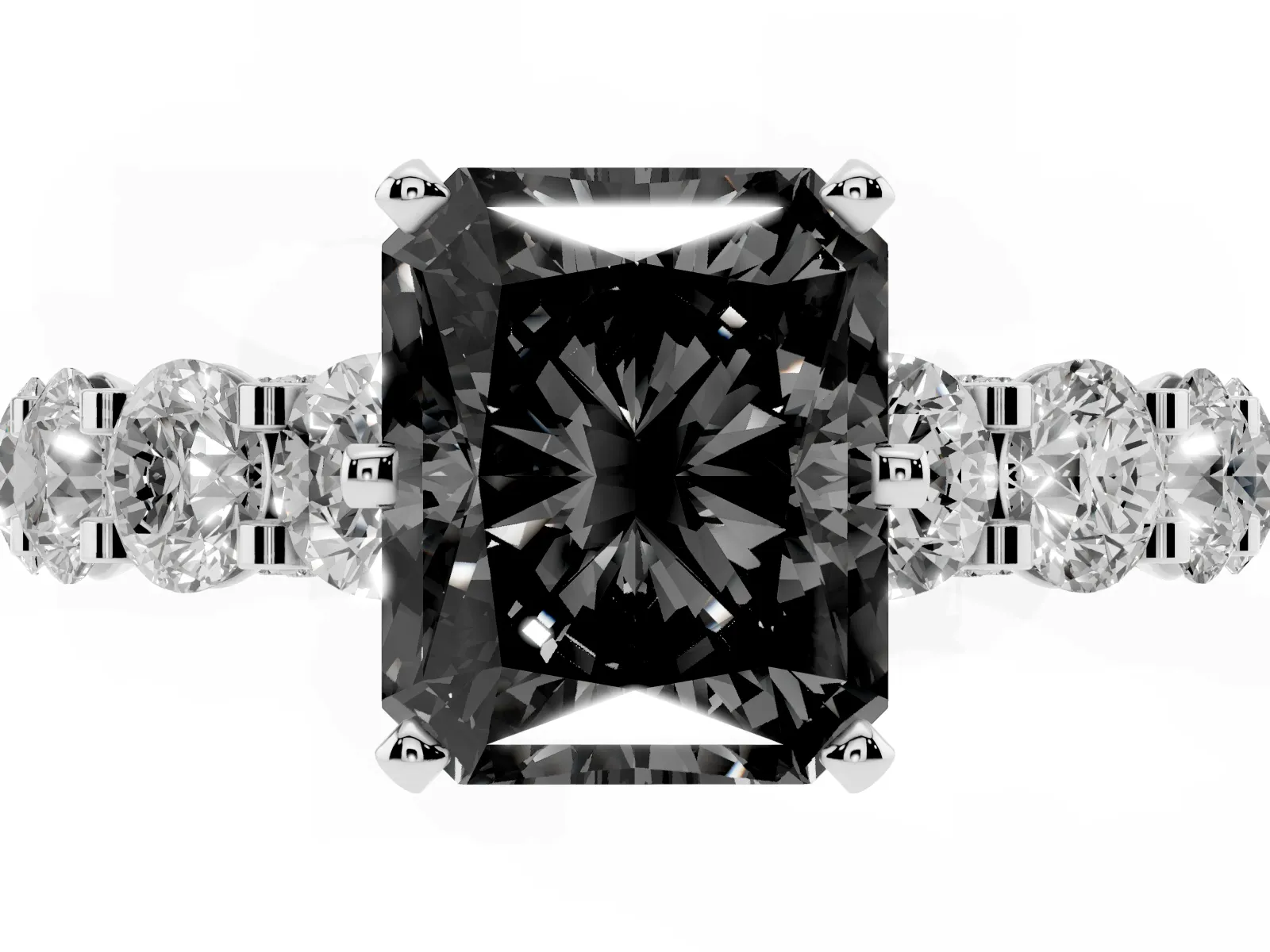 Fancy Black Radiant Cut Diamond Side Stone Engagement Ring with Four-Prong Setting Platinum