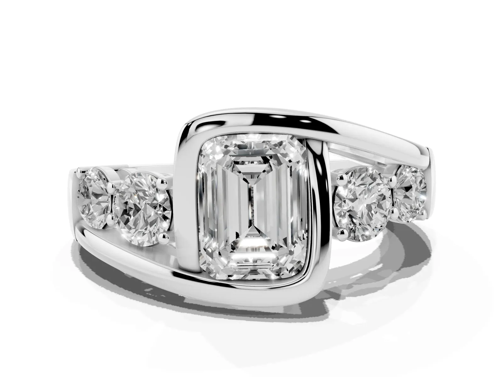 Bezel Set Emerald Cut Diamond Bypass Ring with Round Accents Platinum