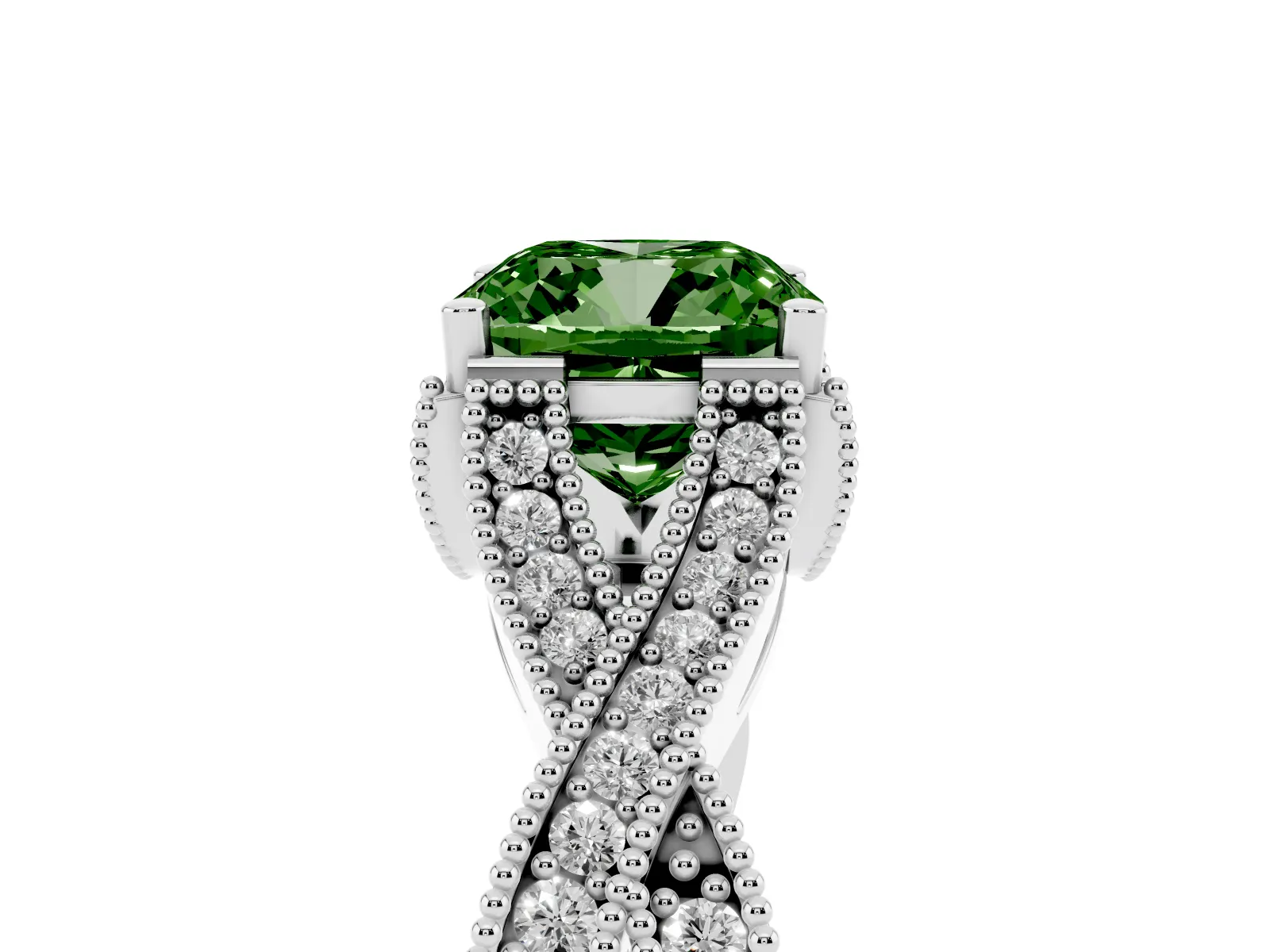 Fancy Green Cushion Cut Cut Diamond Twisted Band with Milgrain Pave Setting and Four-Prong Setting Platinum