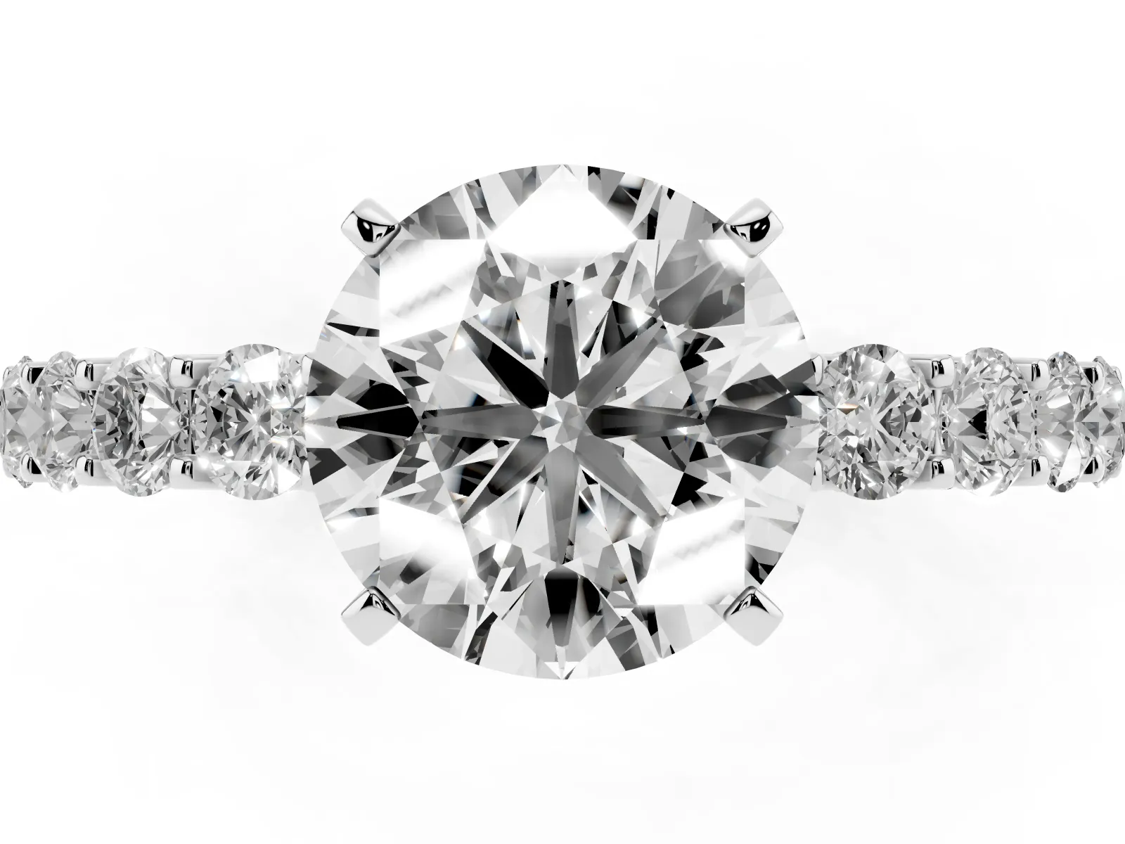 Round Cut Diamond Solitaire Ring with Shared Prong Pavé Band and Four-Prong Setting White gold
