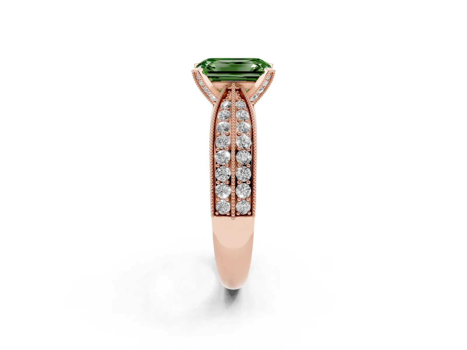 Fancy Green Emerald Cut Diamond Solitaire Ring with Milgrain Round Pavé Band and Prong Setting Rose gold