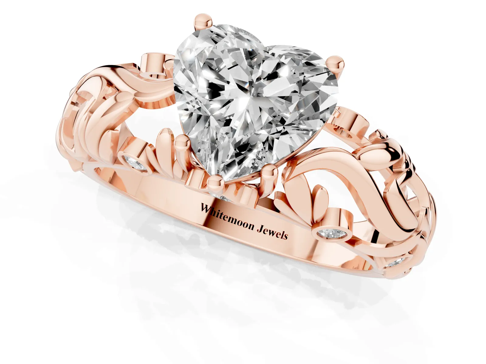 Heart Cut Solitaire Diamond Leaf-Inspired Vine Band Ring with Prong Setting Rose gold