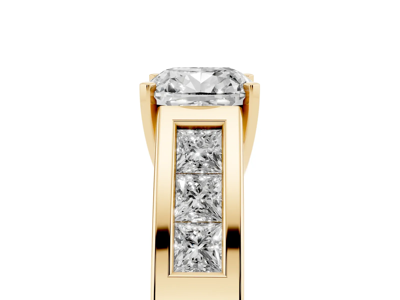 Cushion Cut Cut Channel Set Solitaire Ring with Four-Prong Setting Yellow gold