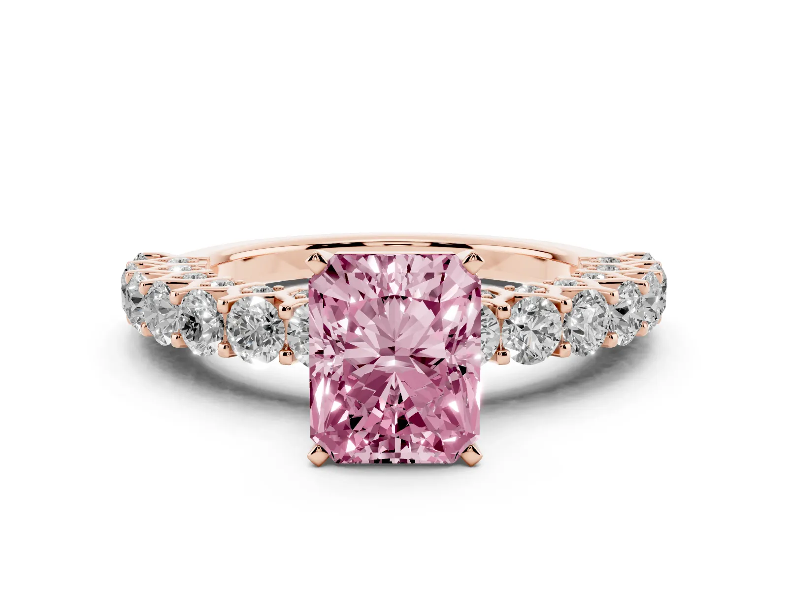 Fancy Pink Radiant Cut Diamond Solitaire Ring with Shared Prong Pavé Band and Four-Prong Setting Rose gold