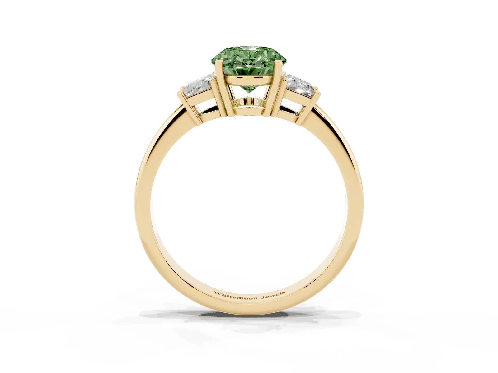 Fancy Green Oval Cut Diamond Three-Stone Ring with Trapezoid Side Stones and Prong Setting Yellow gold
