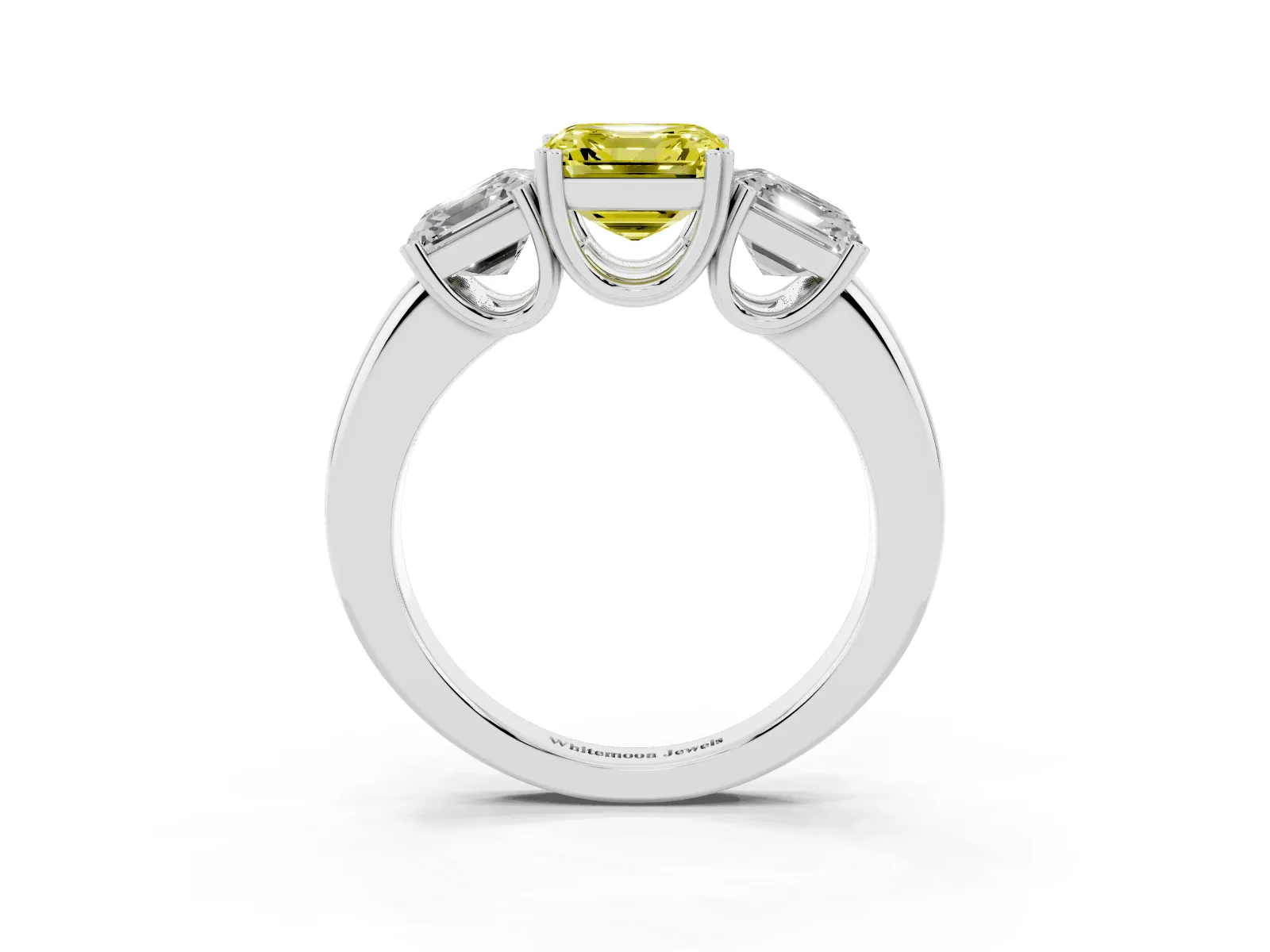 Fancy Yellow Three-Stone Asscher Cut Cut Diamond Ring with Channel Set Band and Four-Prong Setting White gold