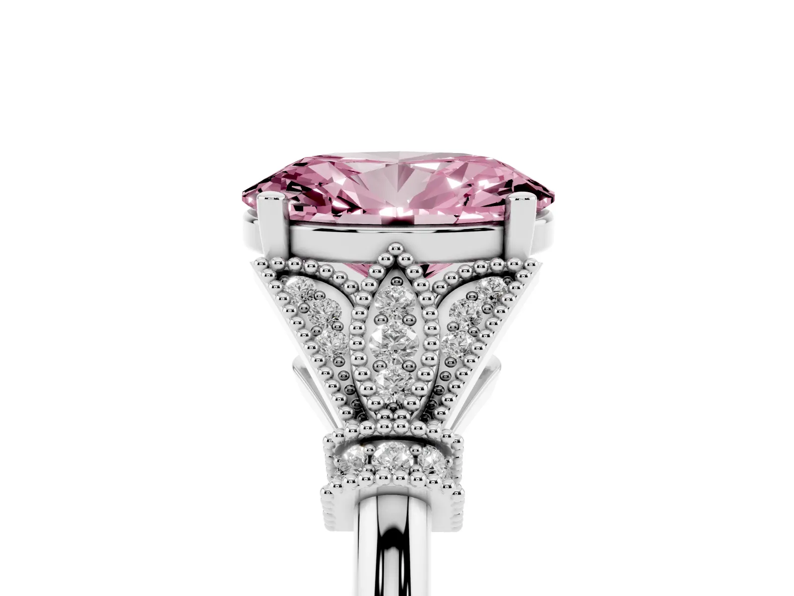 Fancy Pink Oval Cut Diamond Solitaire Ring with Floral Filigree and Pave Accents White gold