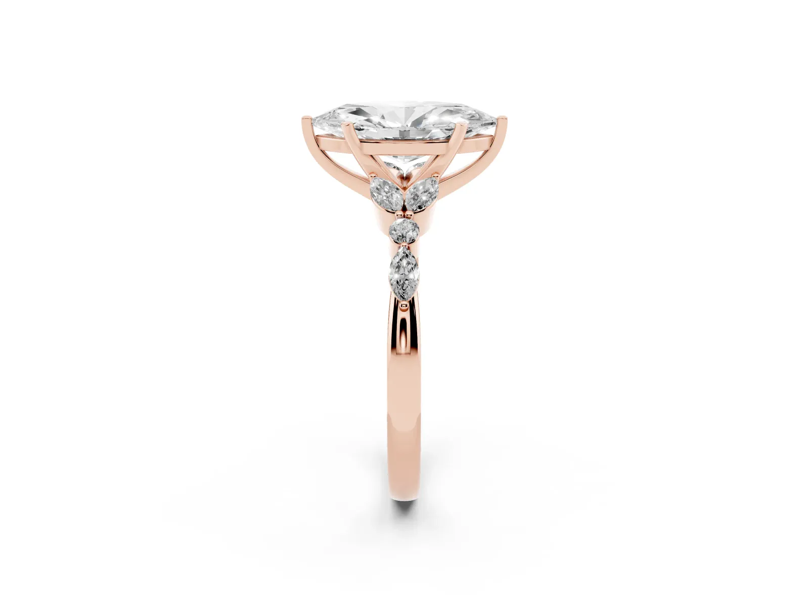 Marquise Cut Diamond Solitaire Ring with Side Stones and Four-Prong Setting Rose gold