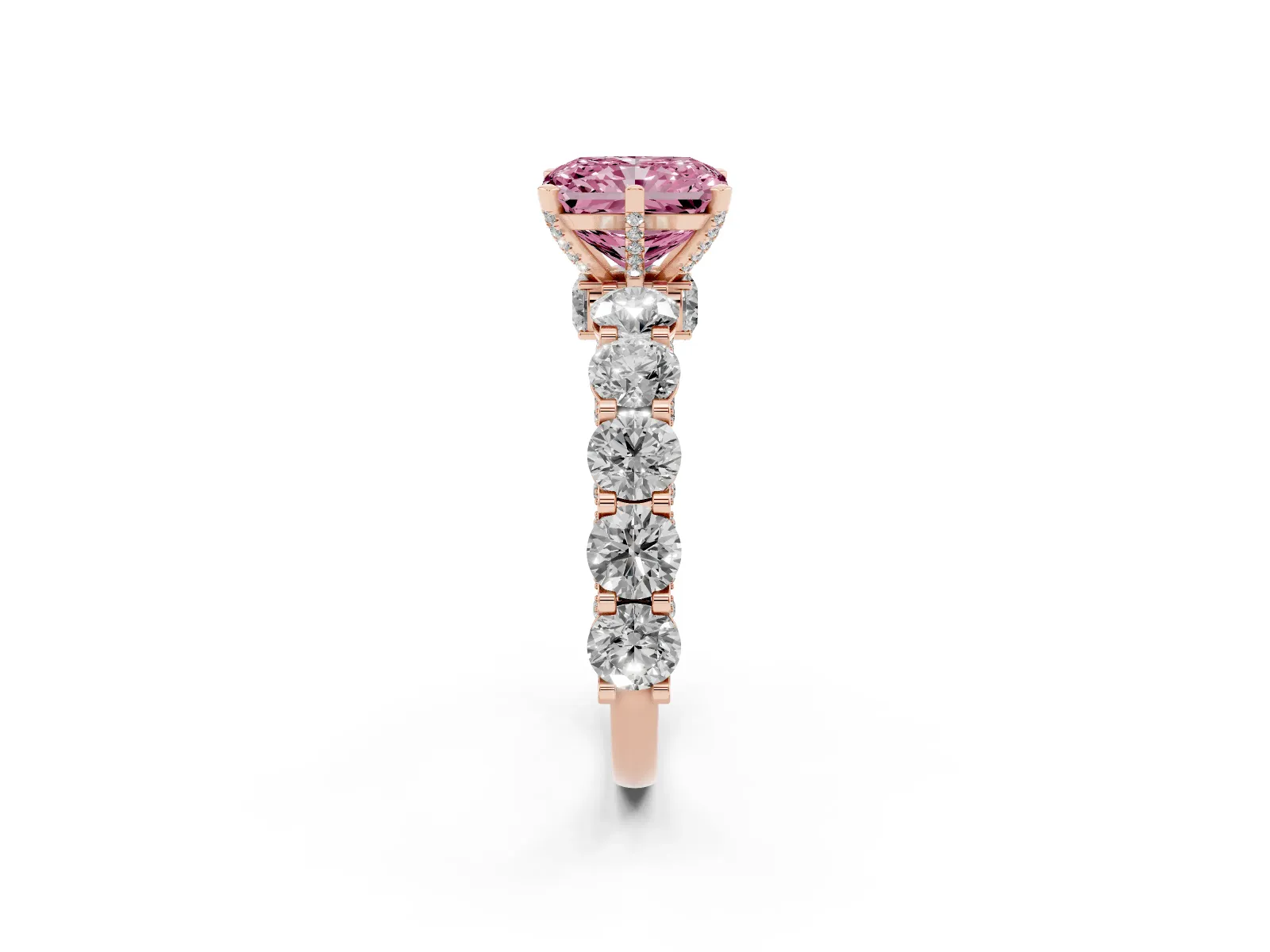 Fancy Pink Radiant Cut Diamond Side Stone Engagement Ring with Four-Prong Setting Rose gold
