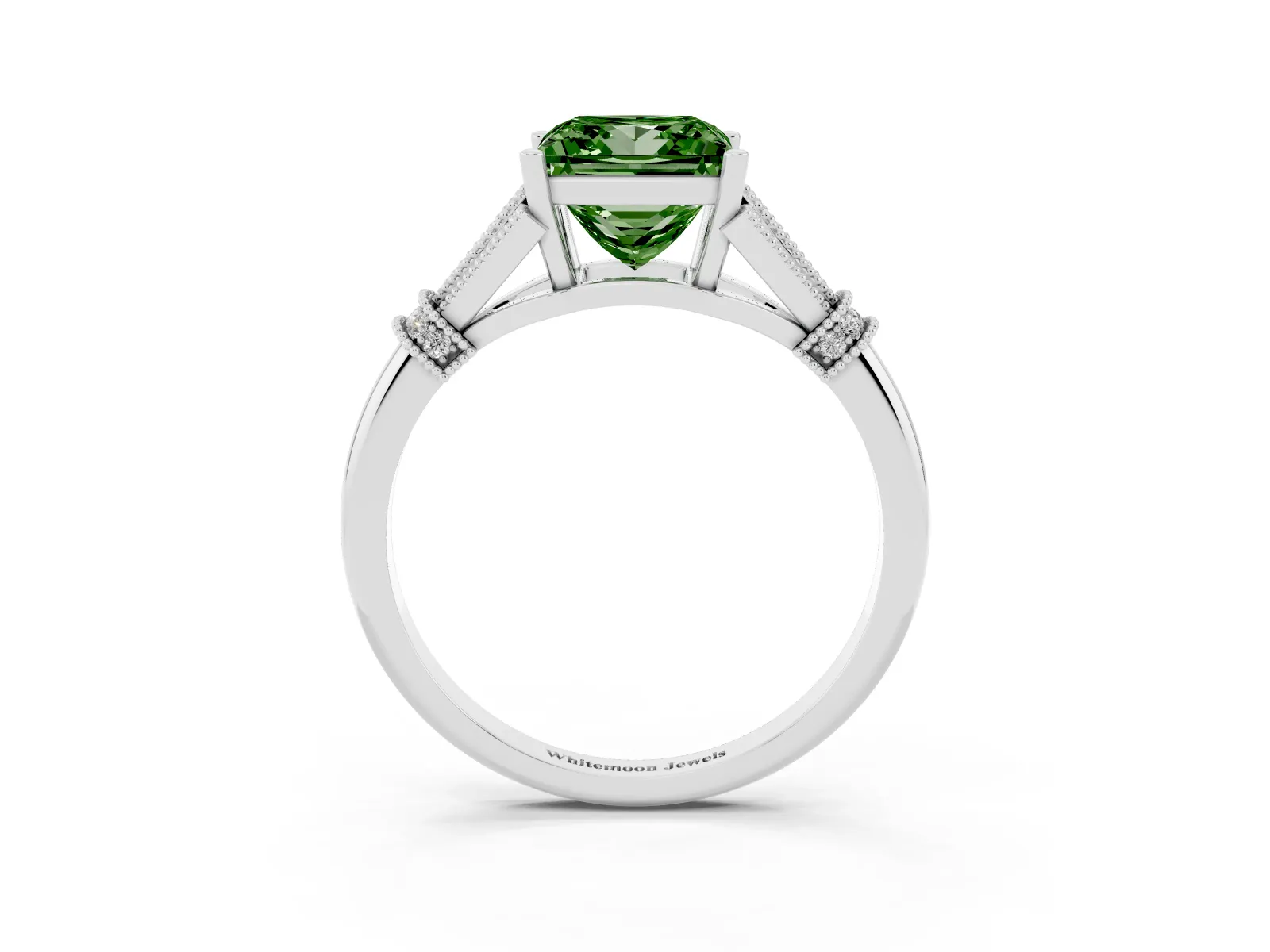 Fancy Green Princess Cut Diamond Solitaire Ring with Floral Filigree and Pave Accents Platinum