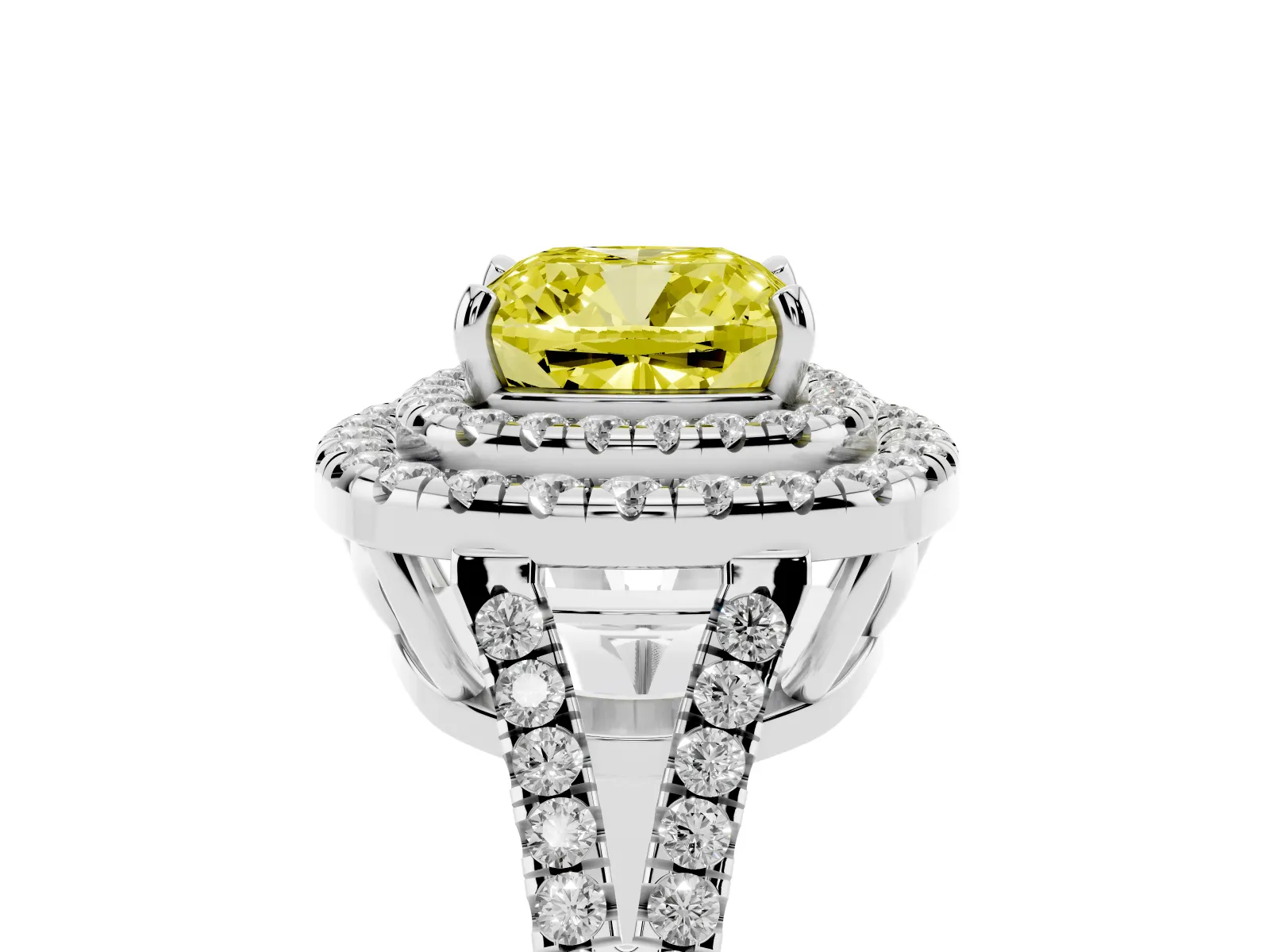 Fancy Yellow Cushion Cut Diamond Double Halo Ring with Pavé Band and Prong Setting Platinum