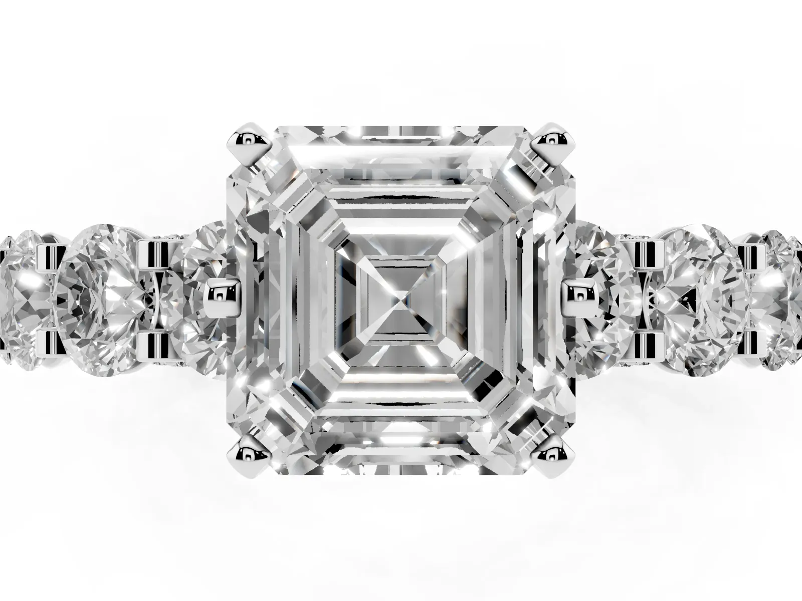 Asscher Cut Diamond Side Stone Engagement Ring with Four-Prong Setting Silver