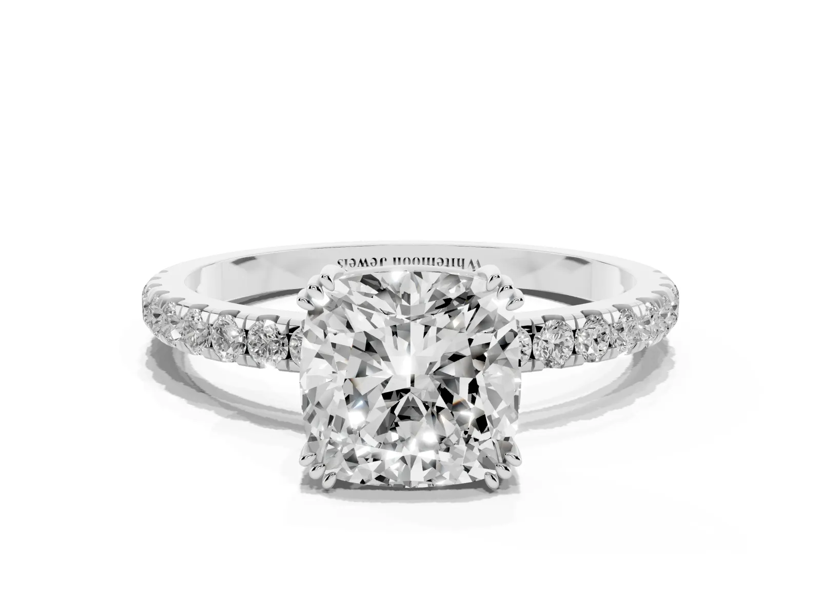 Cushion Cut Brilliant Solitaire with Pavé Band and Claw Prong Setting Silver