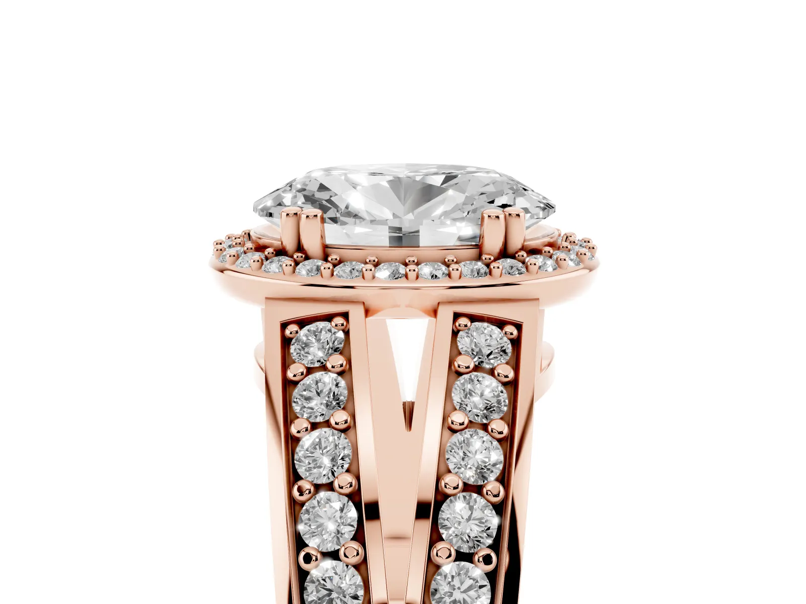 Oval Cut Diamond Halo Ring with Split Shank Pavé Band and Four-Prong Setting Rose gold