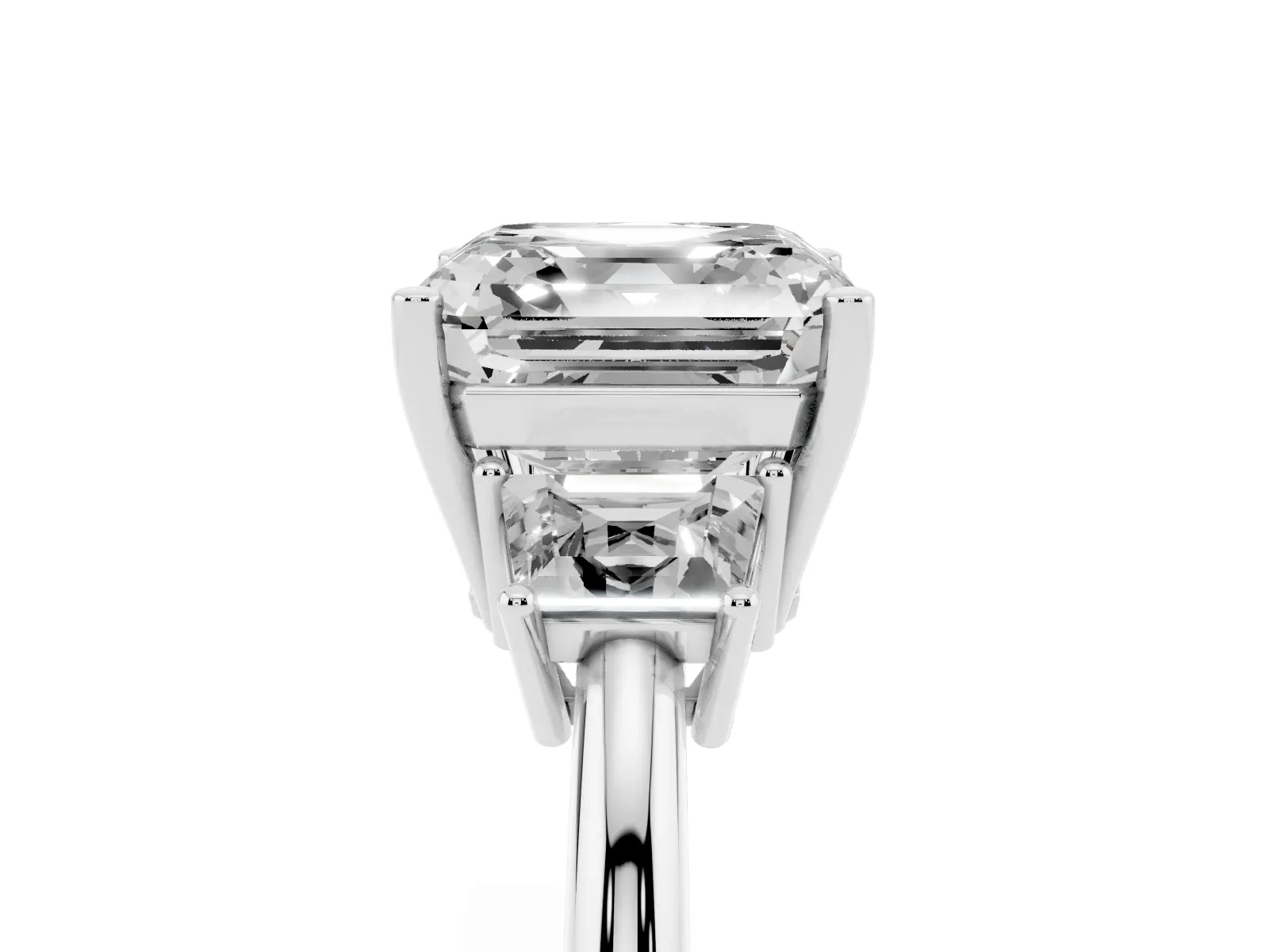 Asscher Cut Diamond Three-Stone Ring with Trapezoid Side Stones and Prong Setting White gold